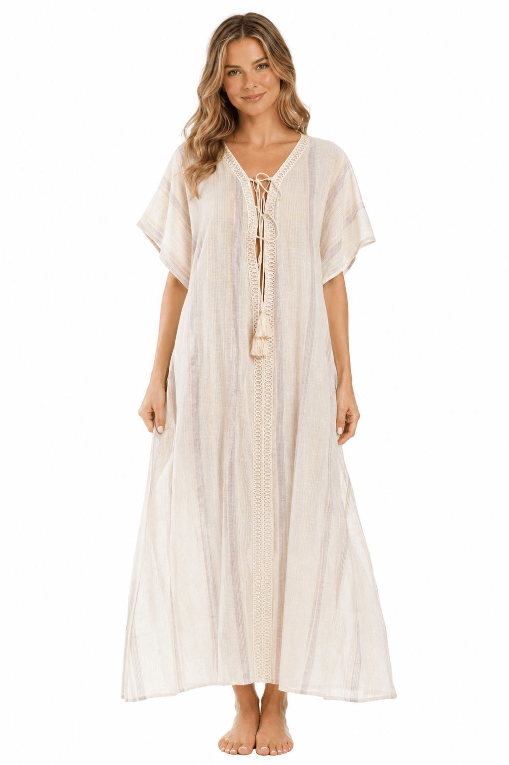 Natural striped linen-look long kaftan with V-neck lace-up tassel detail — view 3
