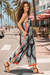Navy Damask Wide-Leg Palazzo Jumpsuit with Coral Side Stripes — Boho Resort Jumpsuit