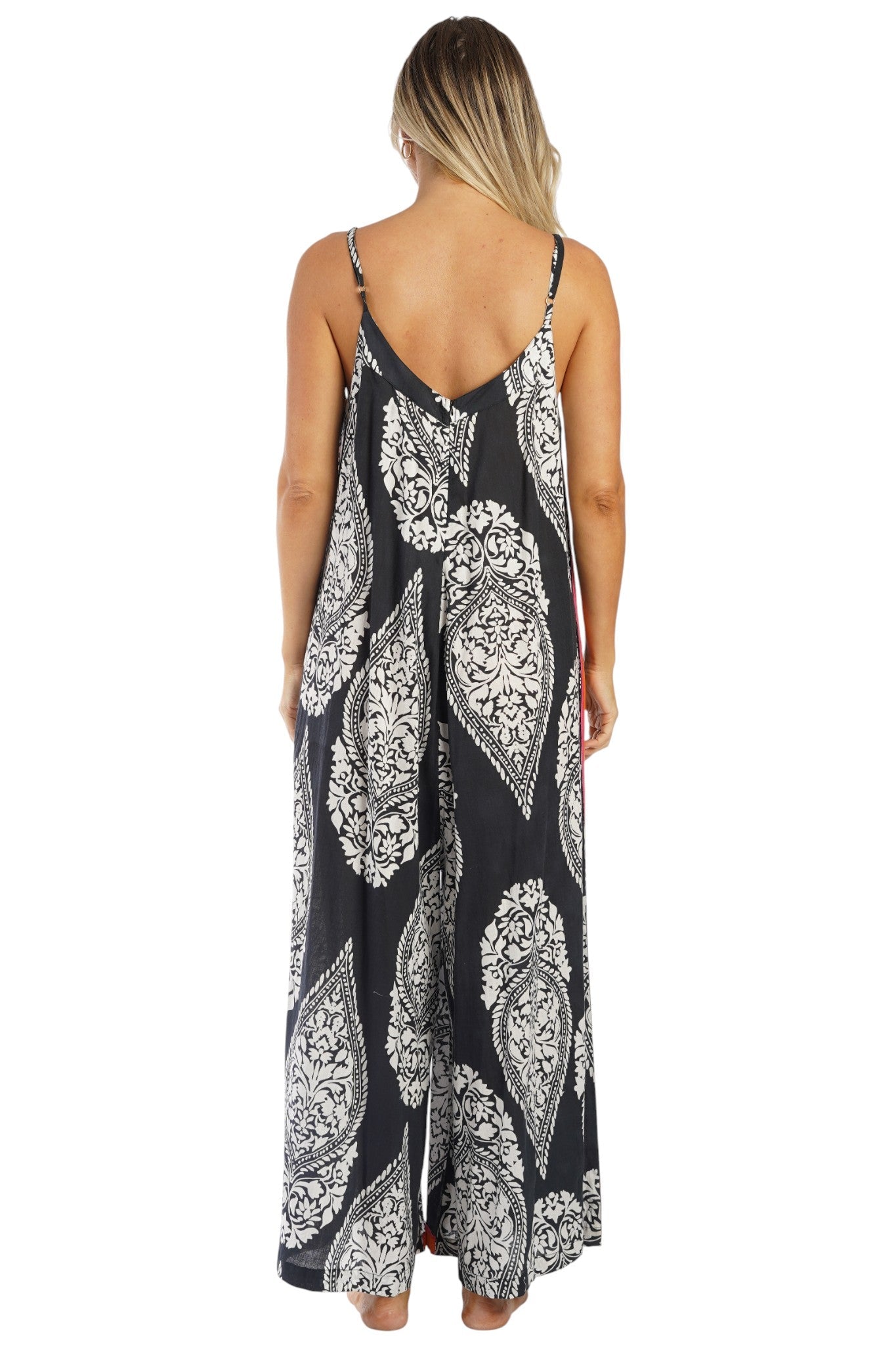Navy damask print with coral stripes wide-leg palazzo jumpsuit — close-up of embellished neckline | Club Moda resort wear
