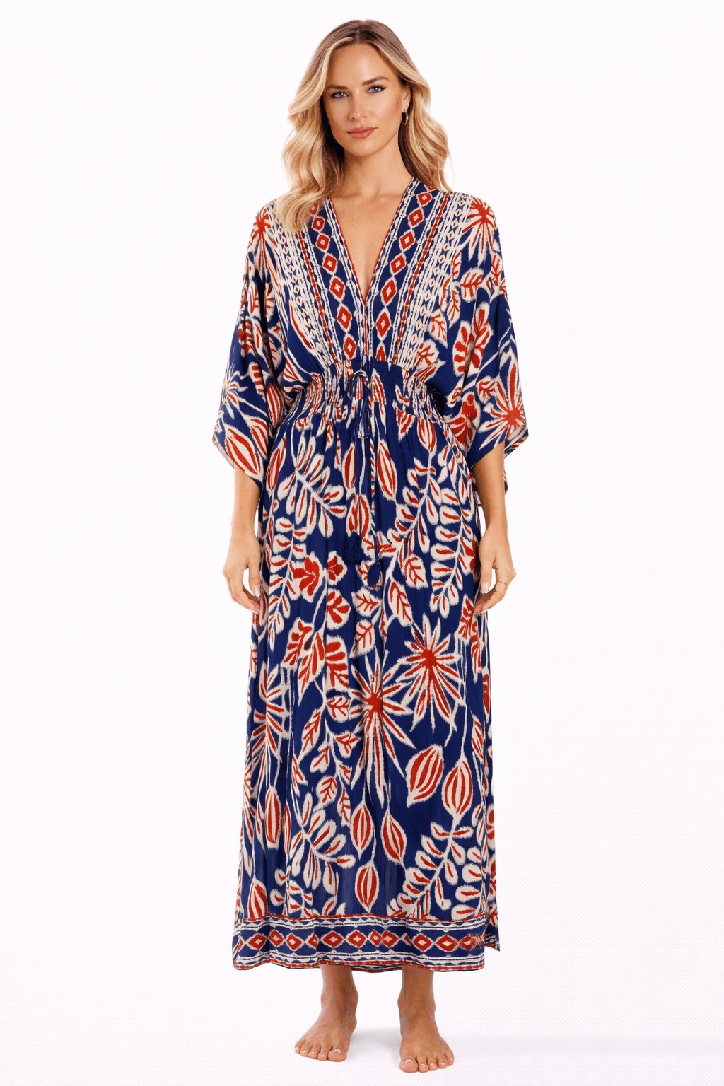 Navy folk-print V-neck kimono-sleeve maxi caftan dress resort cover-up by Club Moda — front view
