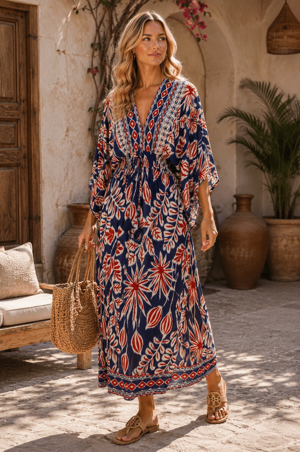 Navy Folk-Print Kimono-Sleeve Maxi Caftan Dress - Designer Caftan | Elegant Kaftan Cover Up Dress | Club Moda USA