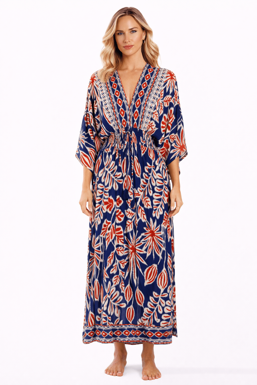 Navy Folk-Print V-Neck Kimono-Sleeve Maxi Caftan Dress — Resort Cover-Up - Designer Caftan | Elegant Kaftan Cover Up Dress | Club Moda USA