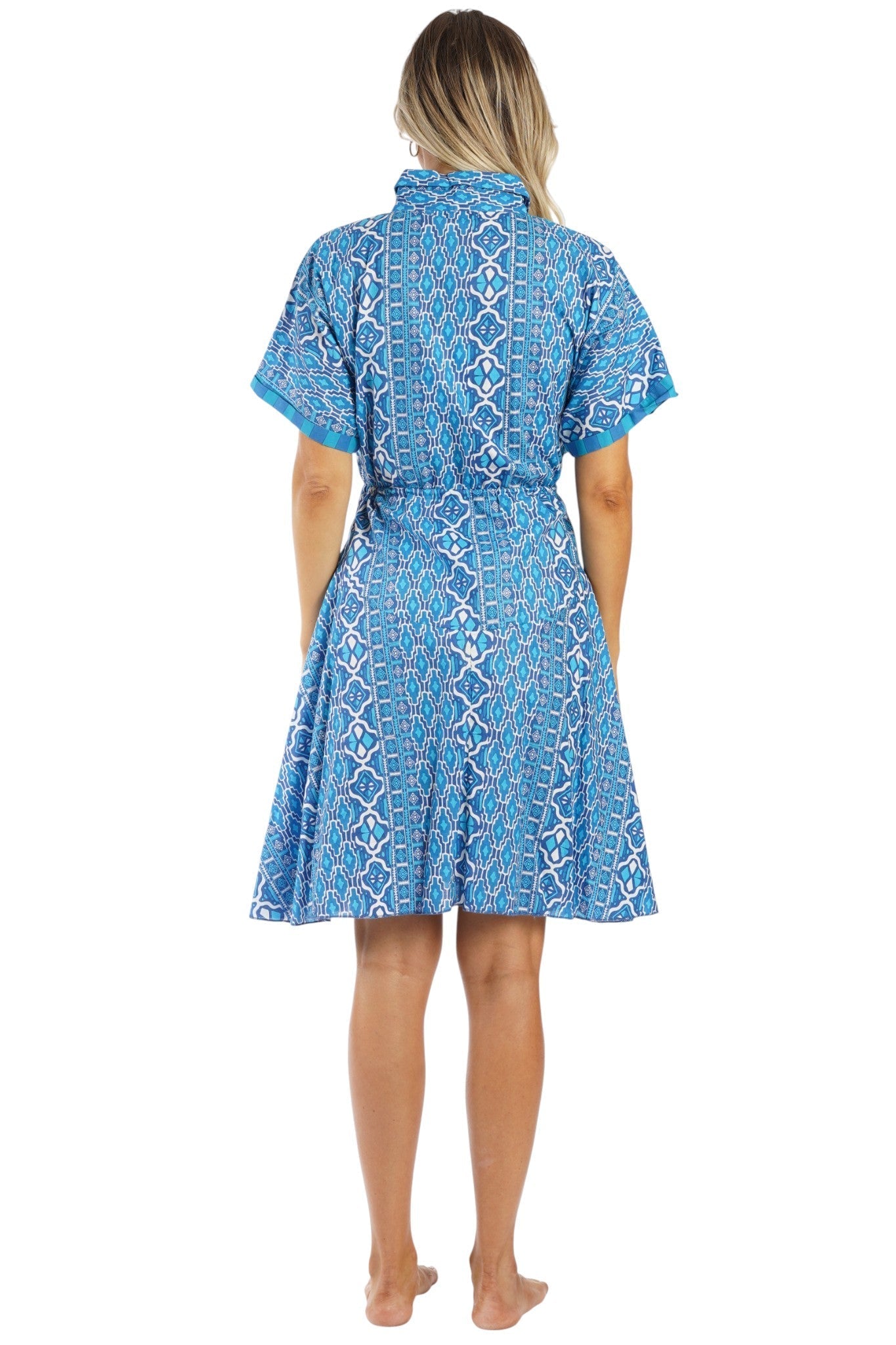 Navy Blue coastal starfish print fit-and-flare shirt dress — back view | Vacation-ready resort dress