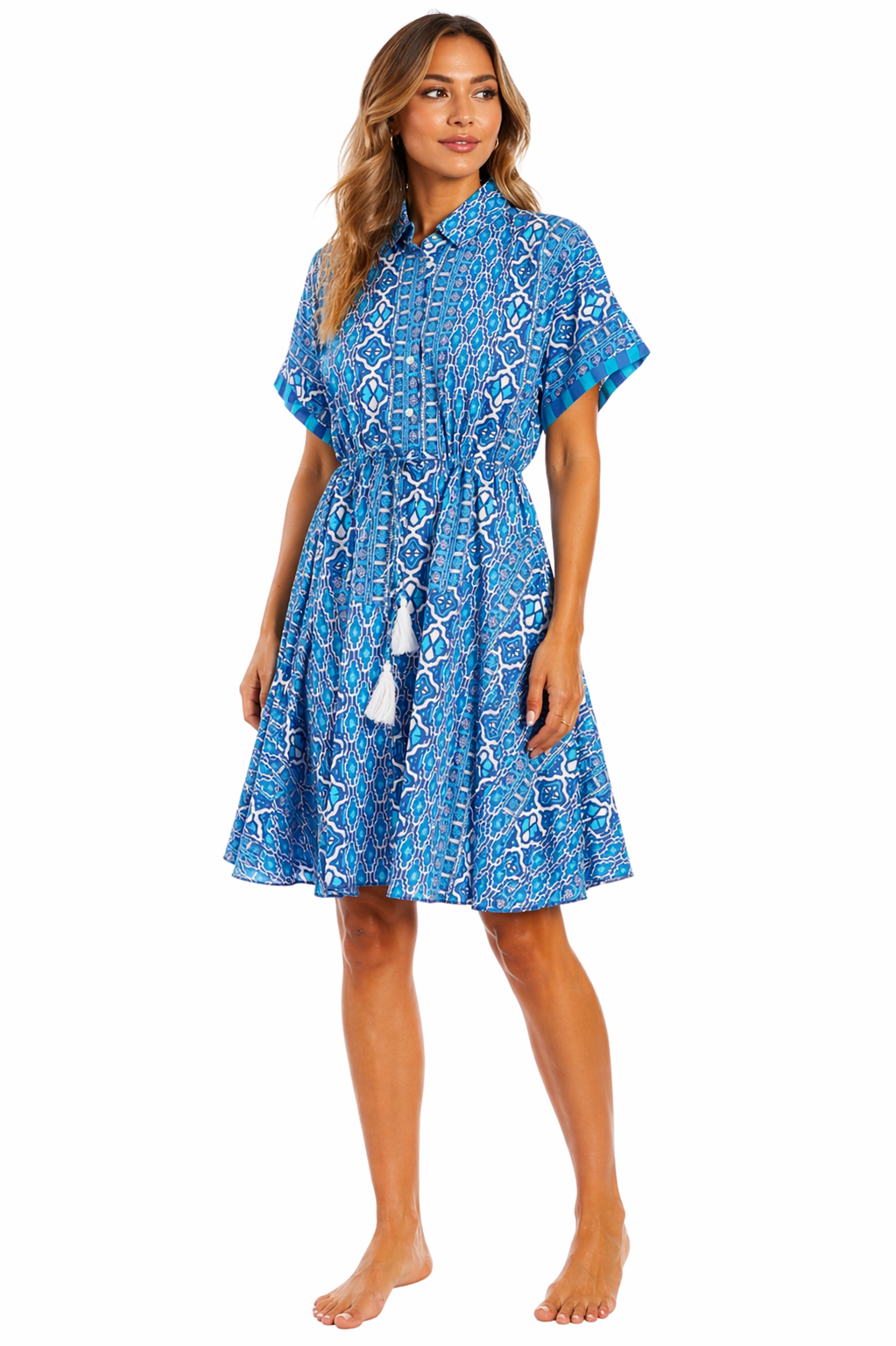 Navy Starfish Print Fit-and-Flare Shirt Dress — Preppy Coastal Mini Dress - Designer Mini Dress | Elegant Kaftan Cover Up Dress | Club Moda USA