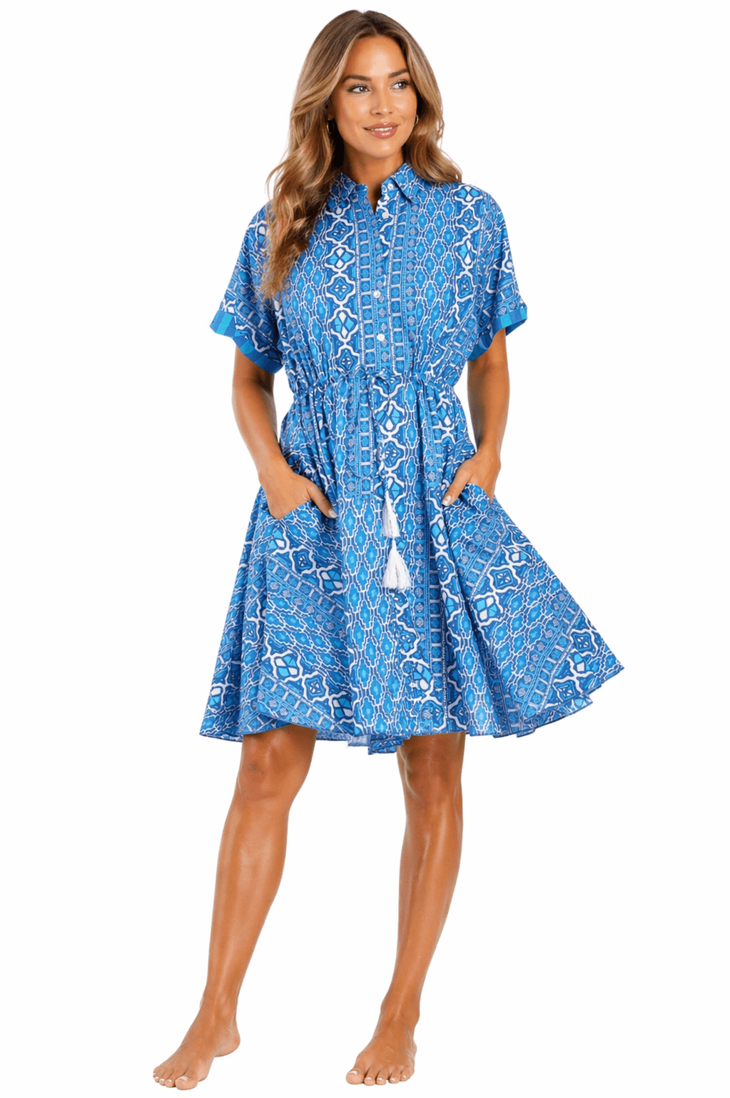 Navy Blue coastal starfish print fit-and-flare shirt dress — front view | Luxury resort wear from Club Moda