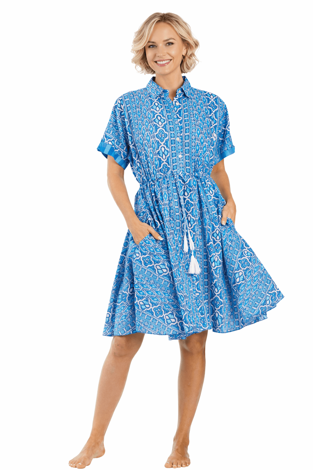 Navy Blue coastal starfish print fit-and-flare shirt dress — full styling shot | Beach-to-dinner resort dress