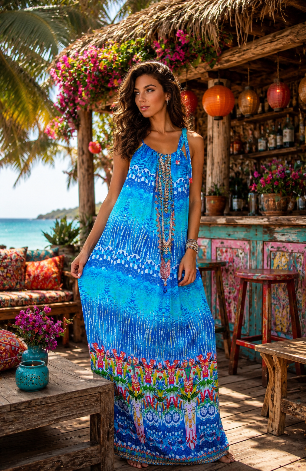 Necklace Halter Neck Dress For Beach Cover Up - Designer Cover-Up | Elegant Kaftan Cover Up Dress | Club Moda USA