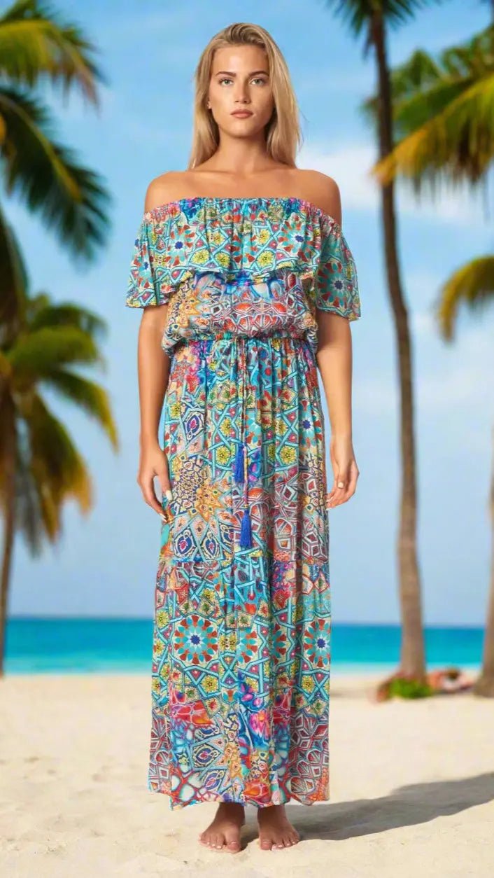 Animal-Print Off-Shoulder Maxi - Designer Maxi Dress | Elegant Kaftan Cover Up Dress | Club Moda USA