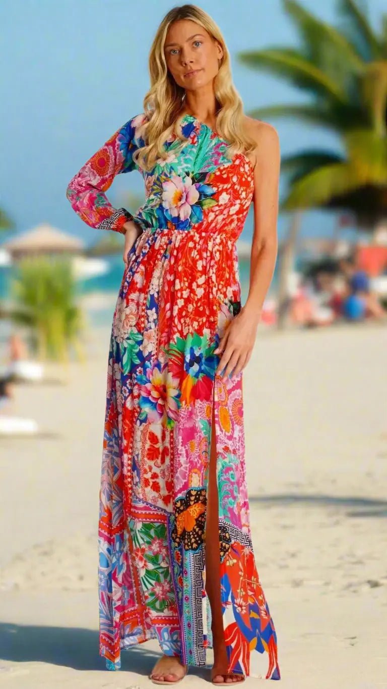 One Shoulder Maxi Resort Dress - Premium Resort Wear | Luxury Dress for Vacation & Cruise | Club Moda