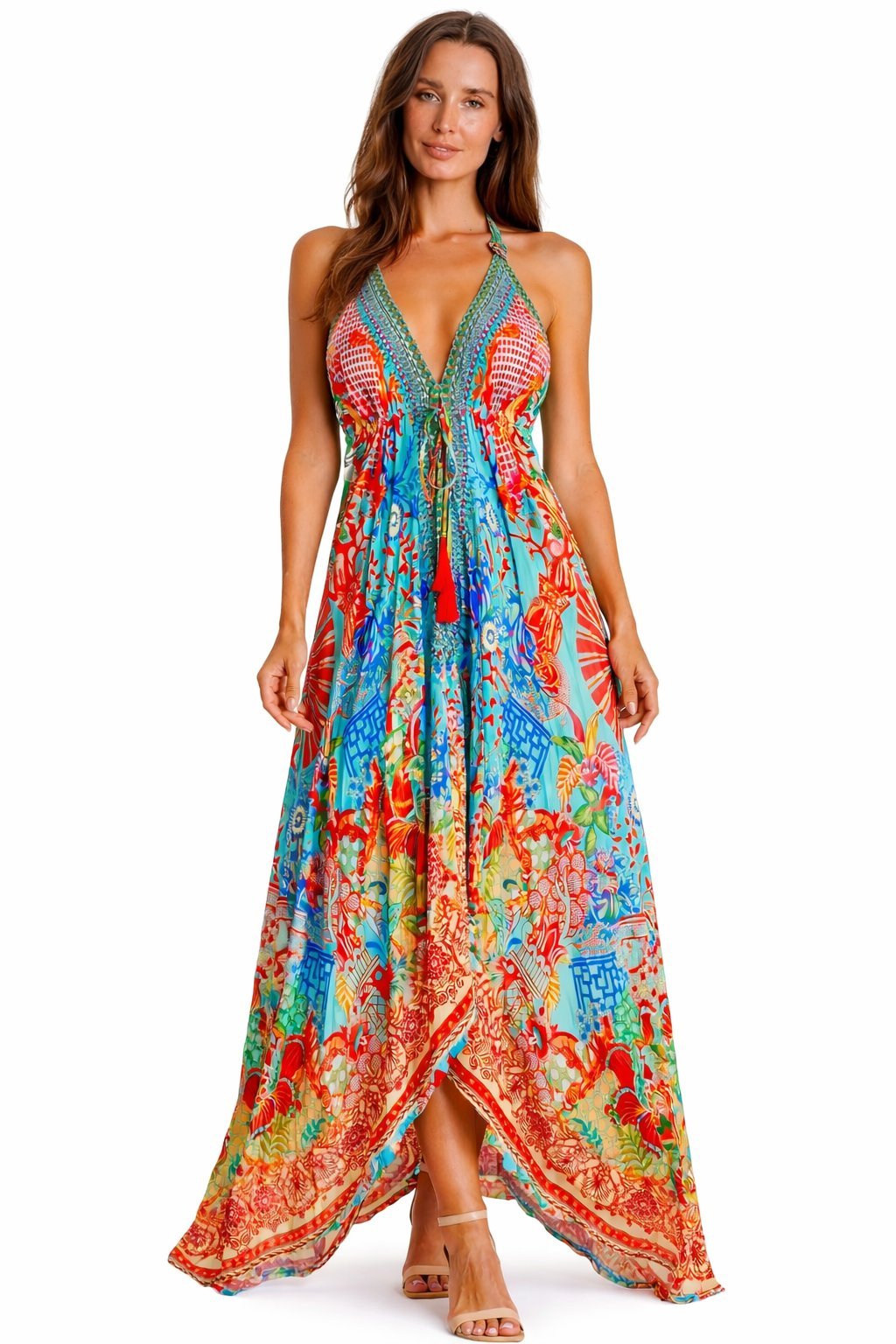 Orange coral tropical-print embellished maxi dress, another angle