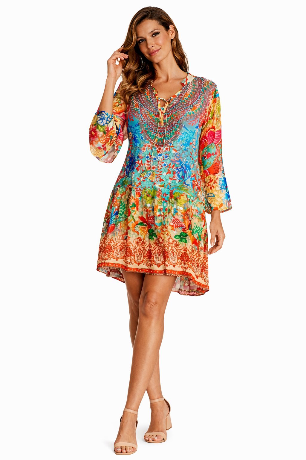 Orange tropical floral print tiered mini dress, further view