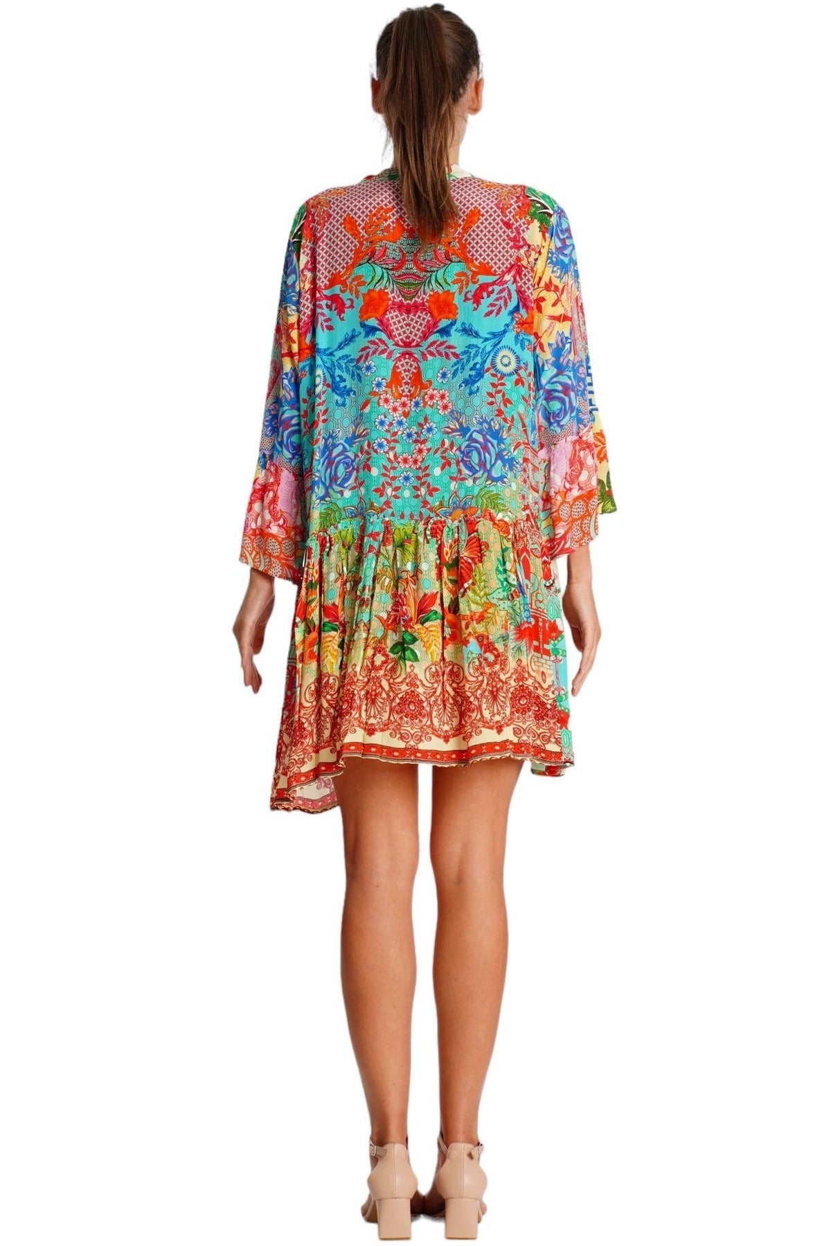 Orange tropical floral print tiered mini dress, alternate view
