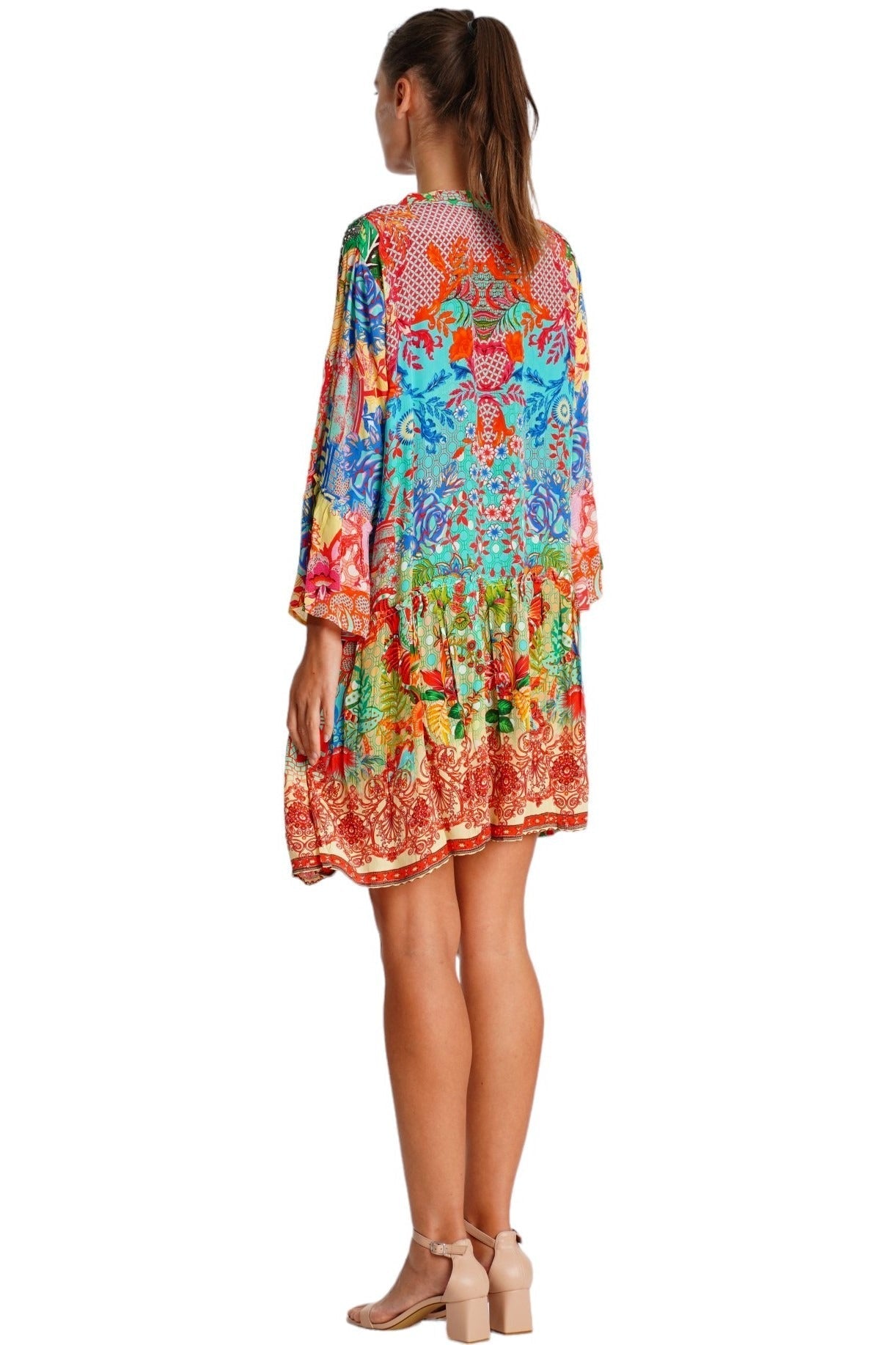 Orange tropical floral print tiered mini dress, another angle
