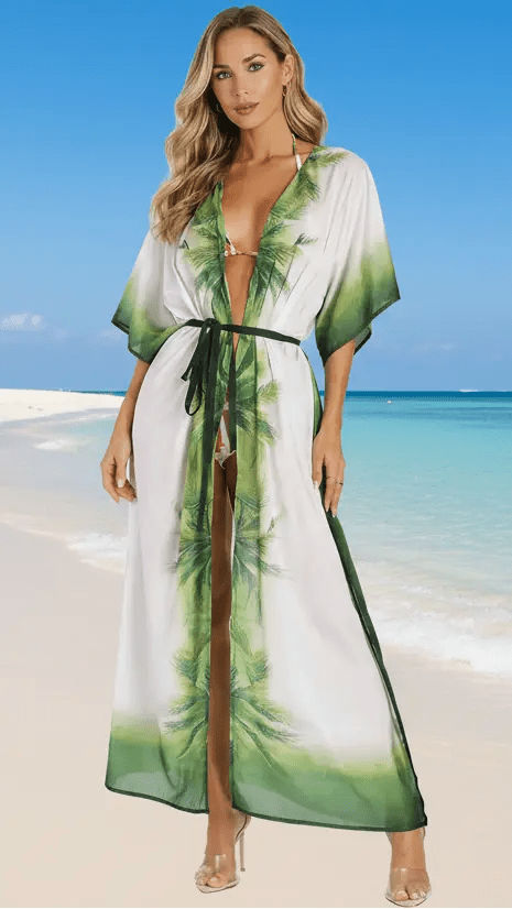 Palm Print Resort Kimono Cover-Up – Luxury Beach Vacation Wear - Premium Resort Wear | Luxury Kimono for Vacation & Cruise | Club Moda