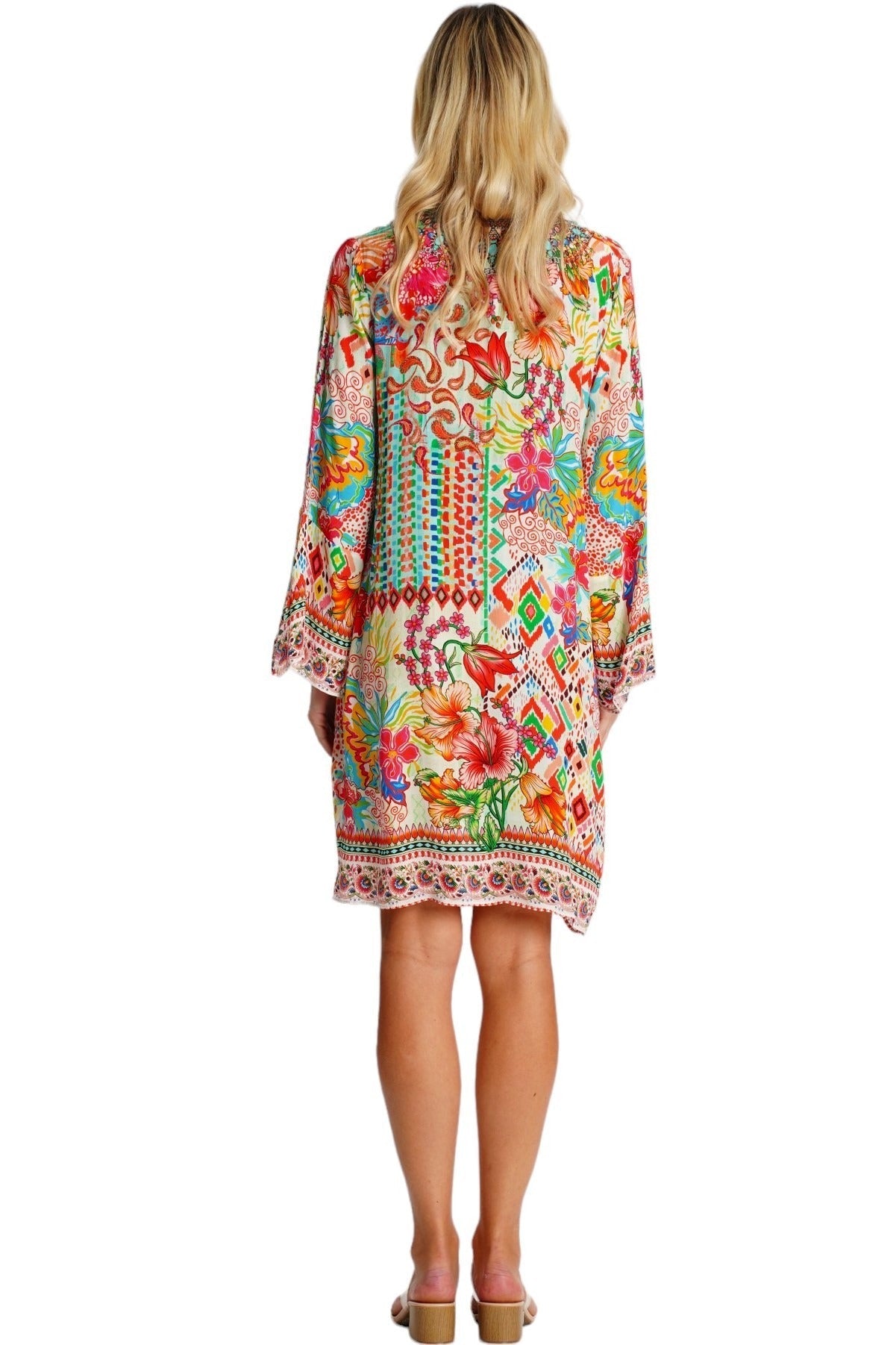 Patchwork Folk-Art Bell-Sleeve Mini Dress - detail close-up - Club Moda USA vacation dress