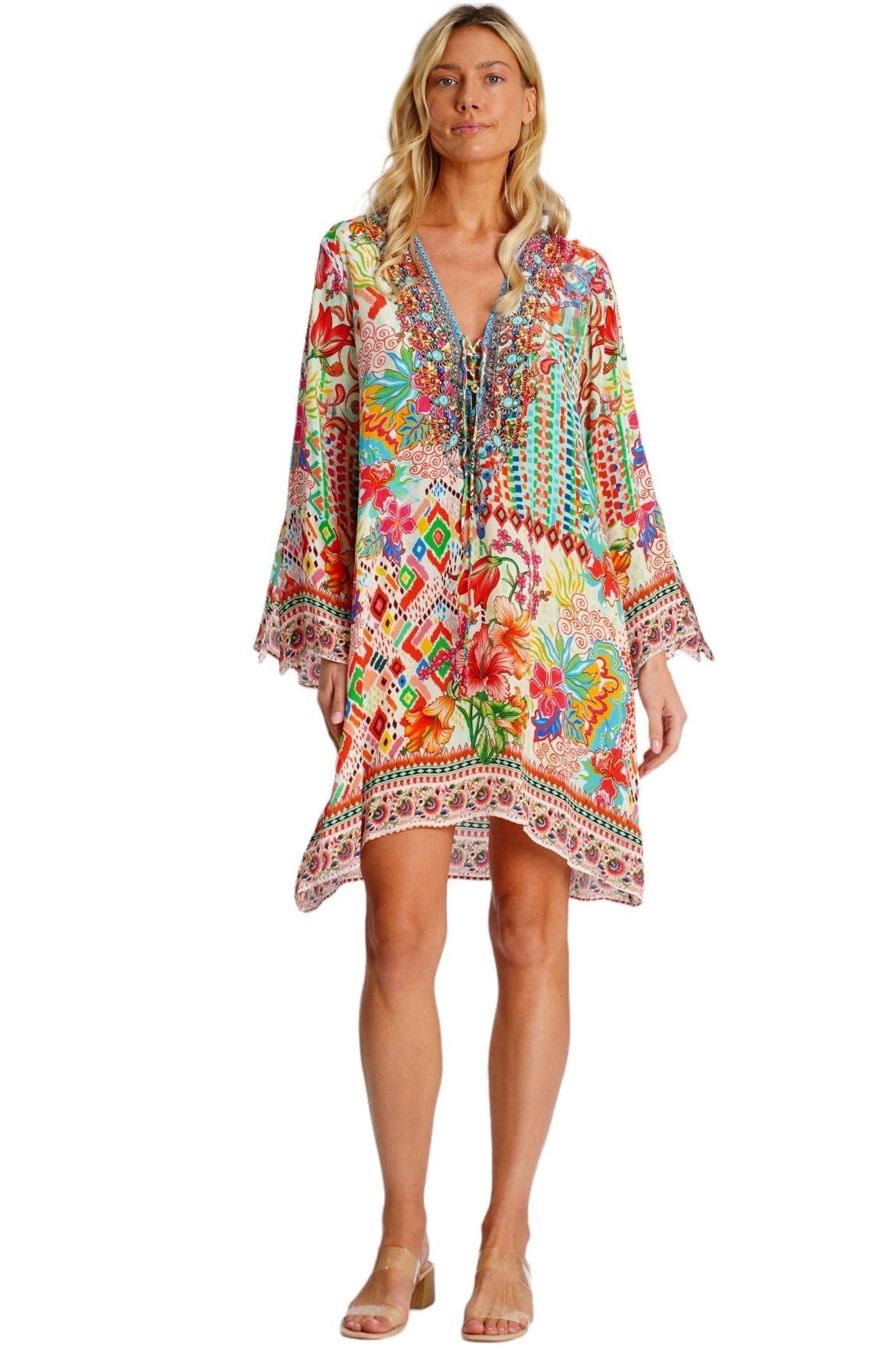 Patchwork Folk-Art Bell-Sleeve Mini Dress - front view - Club Moda USA luxury resort wear