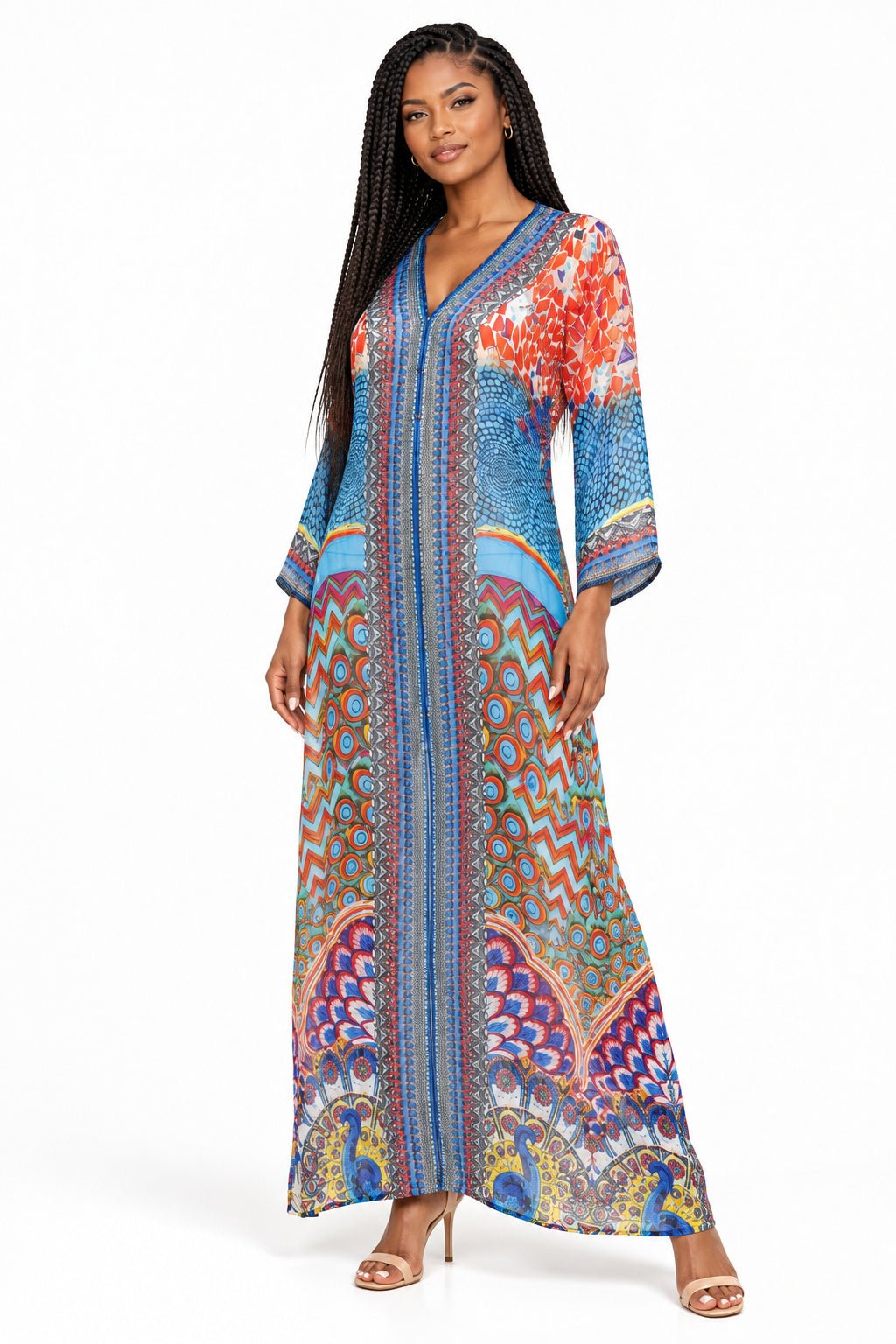 Women's blue and coral peacock print long kimono with long sleeves on white background