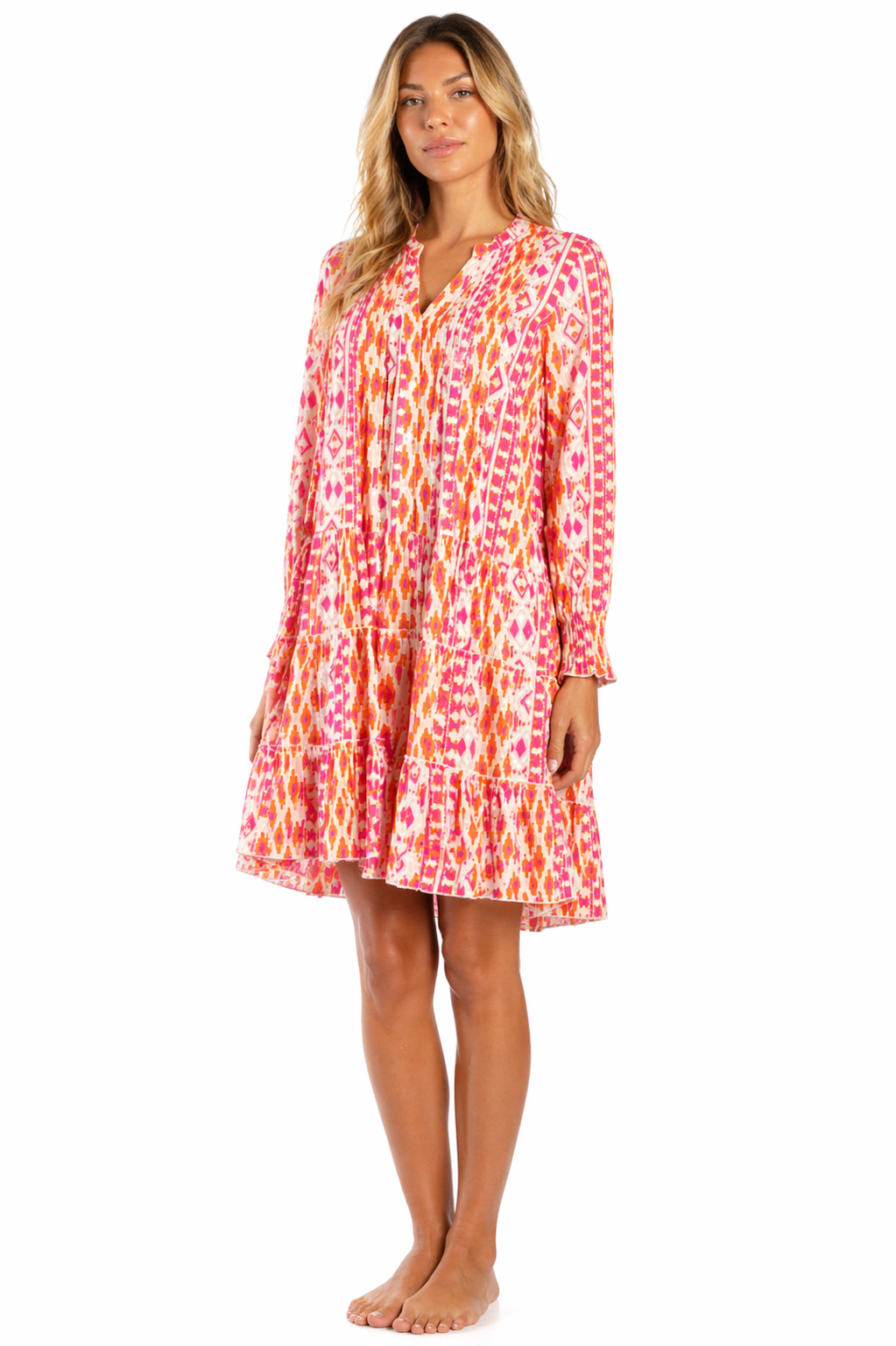 Pink Ikat Chevron Print Long-Sleeve Tiered Boho Mini Dress - Designer Mini Dress | Elegant Kaftan Cover Up Dress | Club Moda USA
