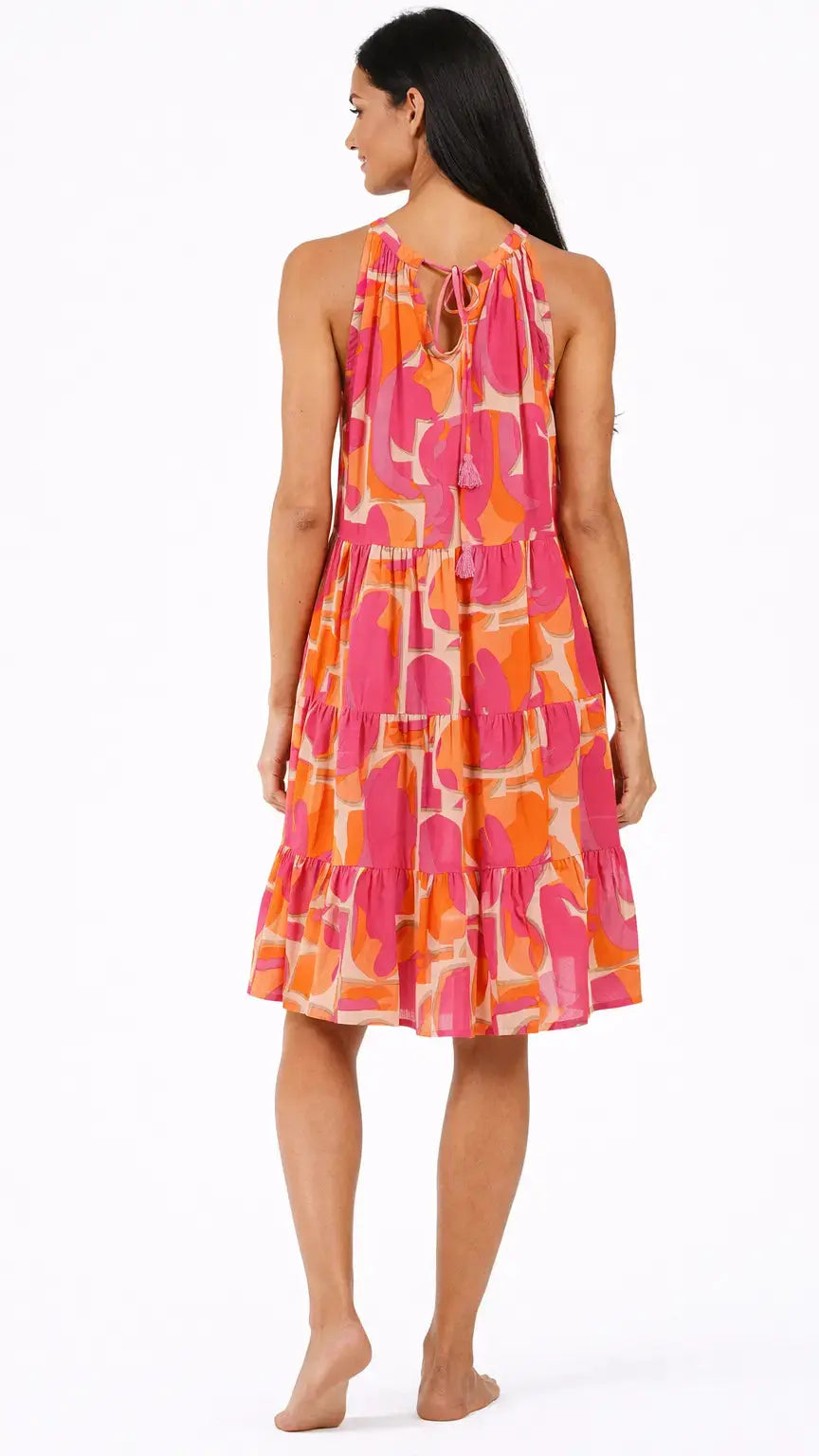 Pink Orange Halter Mini Dress | Resort Wear Tiered Summer Dress Club Moda Mini Dress