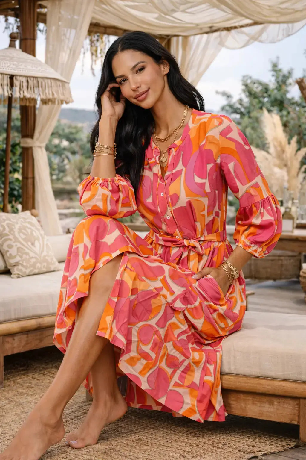 Pink Orange Printed Midi Resort Dress - Designer Shirt Dress | Elegant Kaftan Cover Up Dress | Club Moda USA