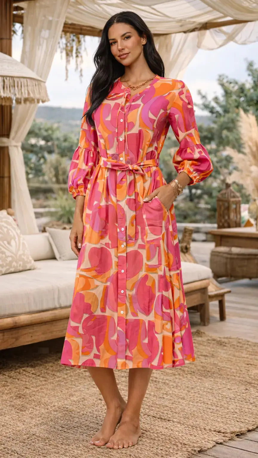 Pink Orange Printed Midi Resort Dress - Premium Resort Wear | Luxury Shirt Dress for Vacation & Cruise | Club Moda