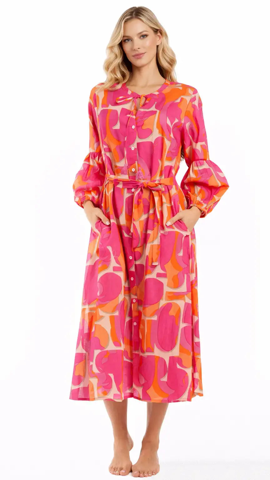 Pink Orange Printed Midi Dress | Resort Wear Shirt Dress for Boutiques Club Moda Dresses
