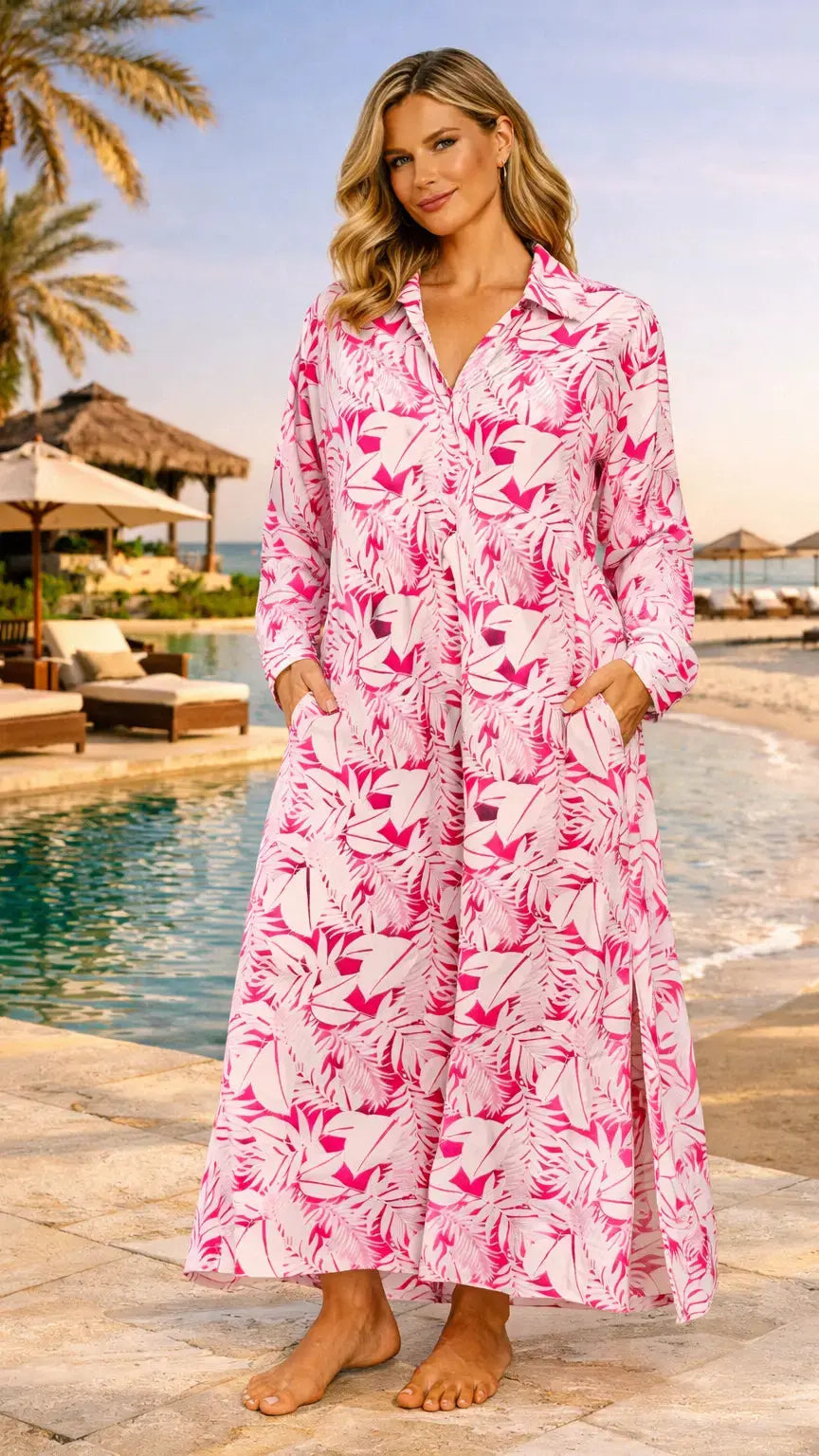 Pink Tropical Maxi Shirt Dress – Luxury Resort Wear Vacation Dress - Premium Resort Wear | Luxury Maxi Dress for Vacation & Cruise | Club Moda