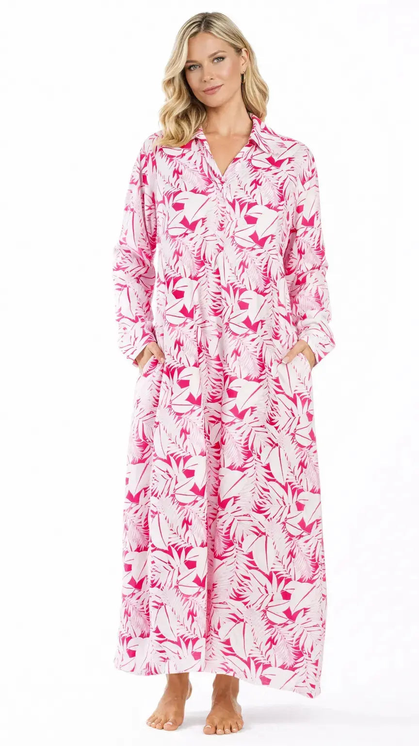 Pink Tropical Maxi Shirt Dress – Luxury Resort Wear Vacation Dress - Designer Maxi Dress | Elegant Kaftan Cover Up Dress | Club Moda USA