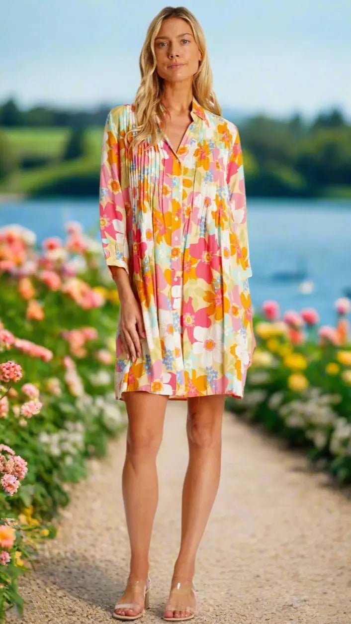 Pleated Mini Shirtdress — Tops - Premium Resort Wear | Luxury Shirt Dress for Vacation & Cruise | Club Moda