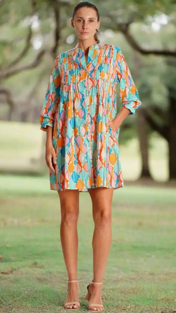 Pleated Mini Shirtdress — Tops - Designer Shirt Dress | Elegant Kaftan Cover Up Dress | Club Moda USA