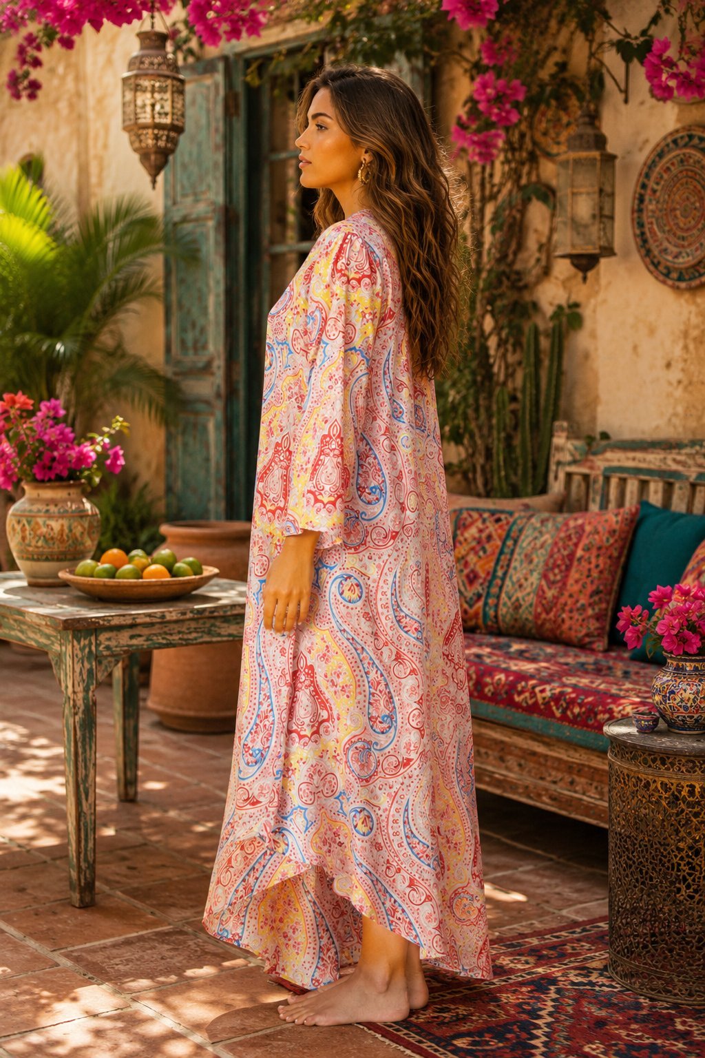 Maxi caftan dress cut long and loose for beach wear, alternate view