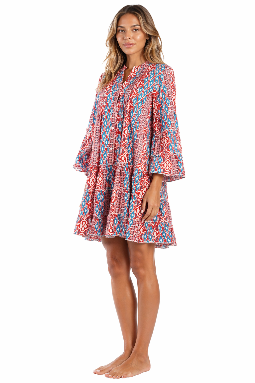 Red & Blue Tribal Block Print Bell-Sleeve Tiered Boho Mini Dress - Designer Mini Dress | Elegant Kaftan Cover Up Dress | Club Moda USA