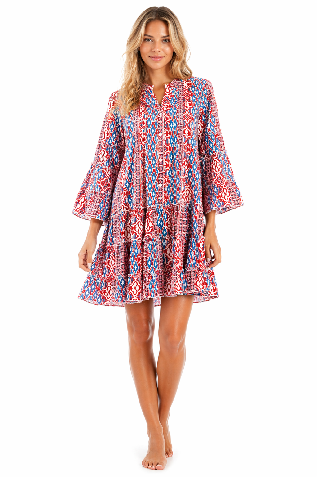 Red & Blue tribal block print bell-sleeve tiered boho mini dress — front view | Luxury resort wear from Club Moda
