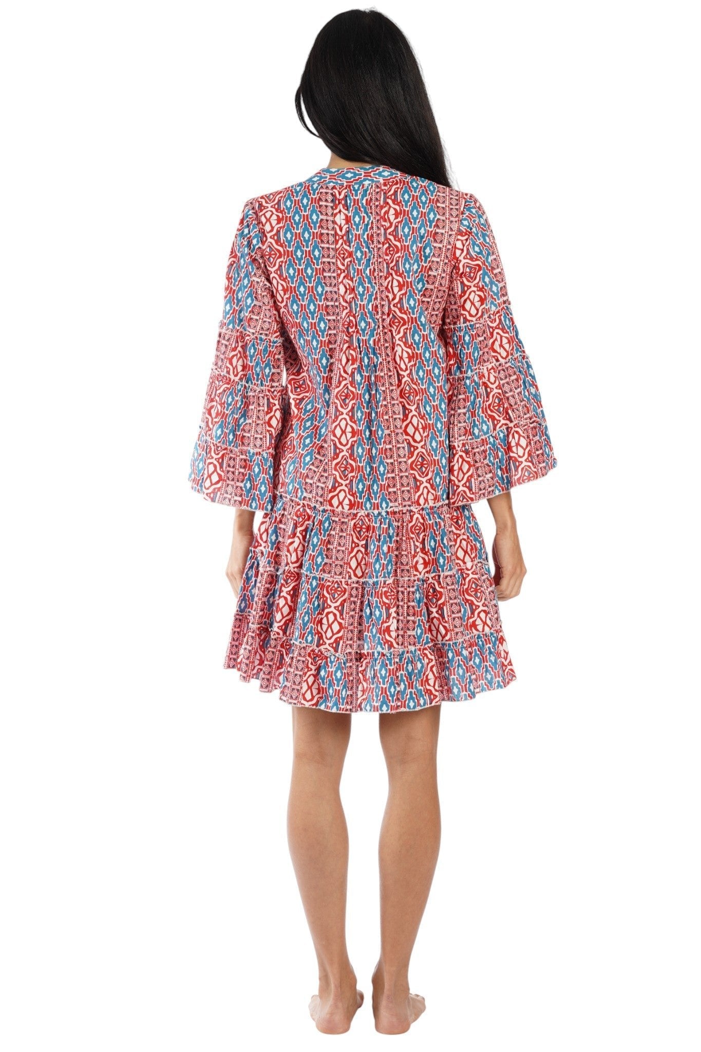 Red & Blue tribal block print bell-sleeve tiered boho mini dress — back view | Vacation-ready resort dress