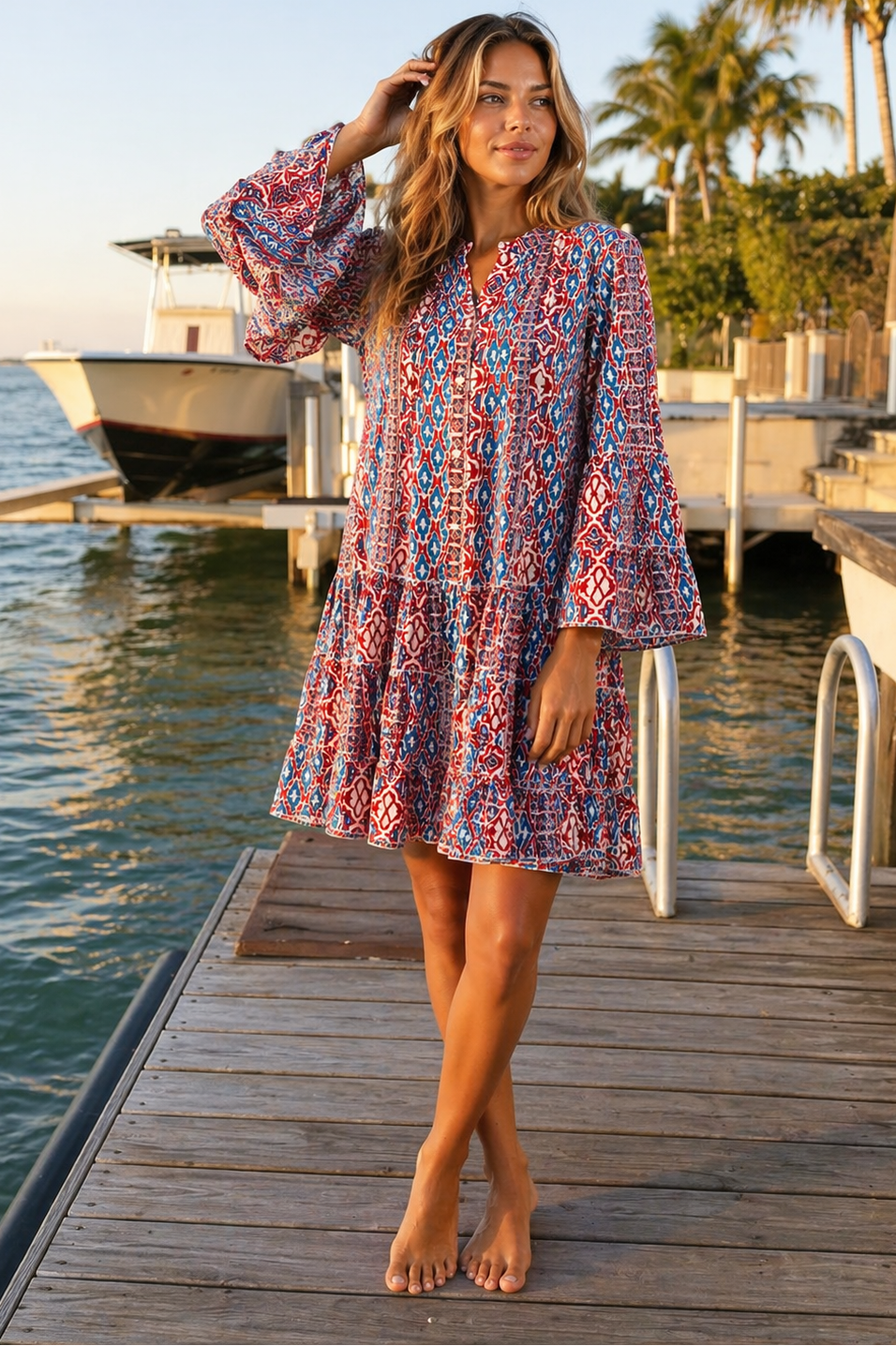 Red & Blue Tribal Block Print Bell-Sleeve Tiered Boho Mini Dress - Premium Resort Wear | Luxury Mini Dress for Vacation & Cruise | Club Moda