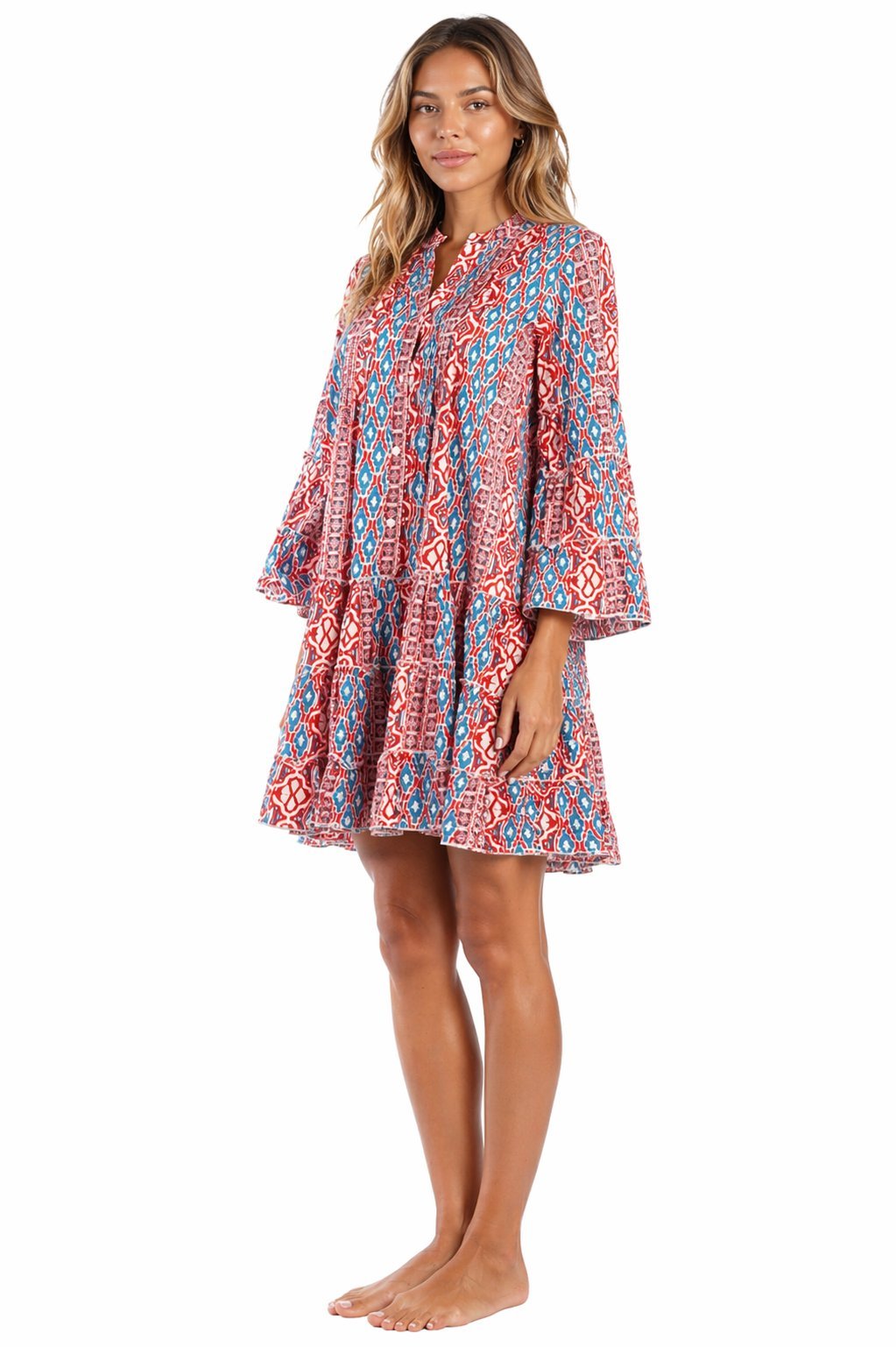 Red & Blue Tribal Block Print Boho Mini Dress - Designer Mini Dress | Elegant Kaftan Cover Up Dress | Club Moda USA