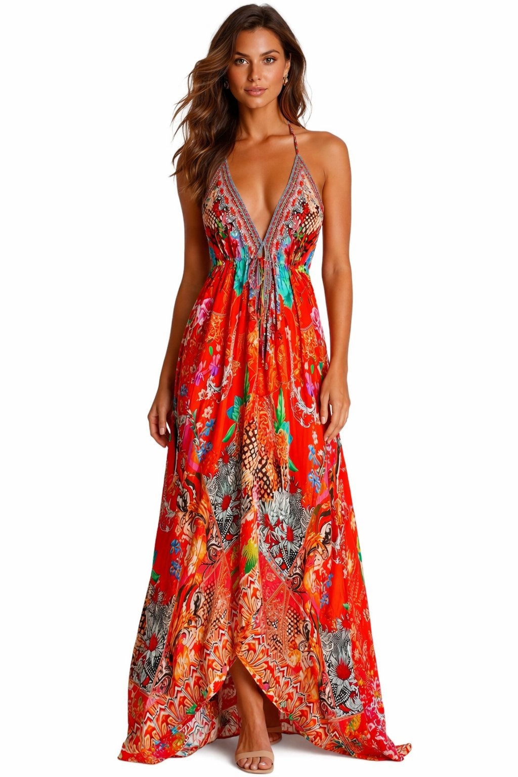 Red coral mixed-print embellished maxi dress, another angle