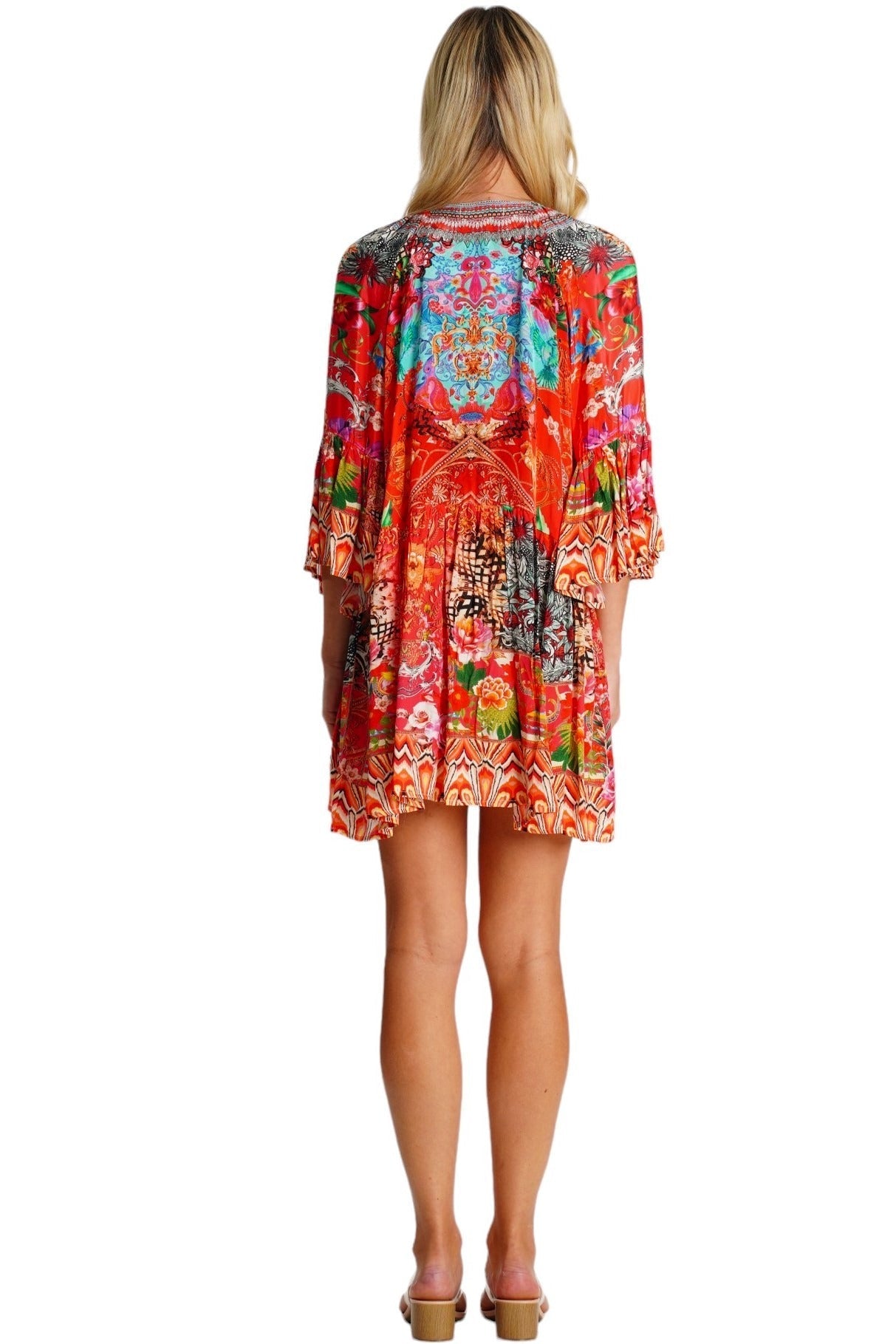Red Tropical Floral Bell-Sleeve Mini Dress - detail close-up - Club Moda USA vacation dress