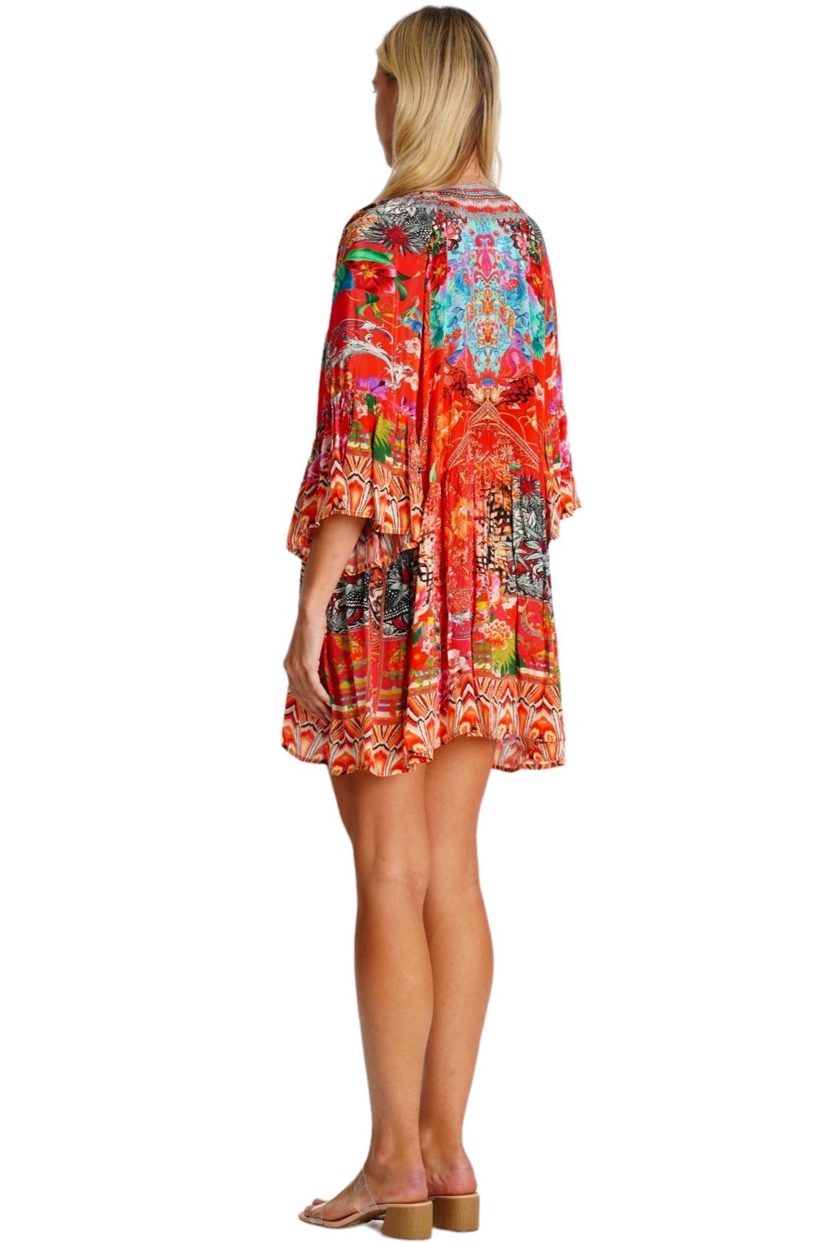 Red Tropical Floral Bell-Sleeve Mini Dress - Designer Mini Dress | Elegant Kaftan Cover Up Dress | Club Moda USA