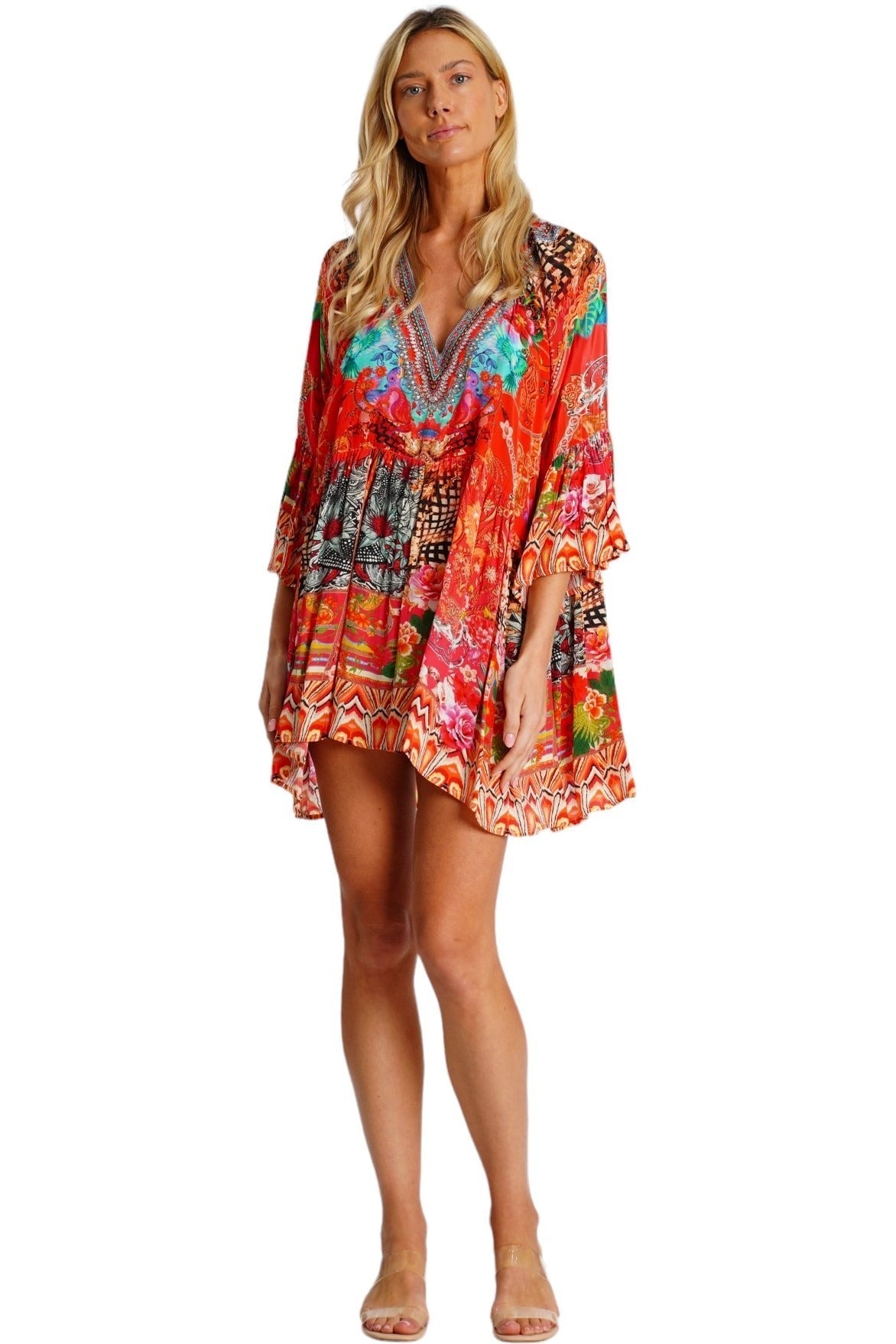 Red Tropical Floral Bell-Sleeve Mini Dress - back view - Club Moda USA resort collection