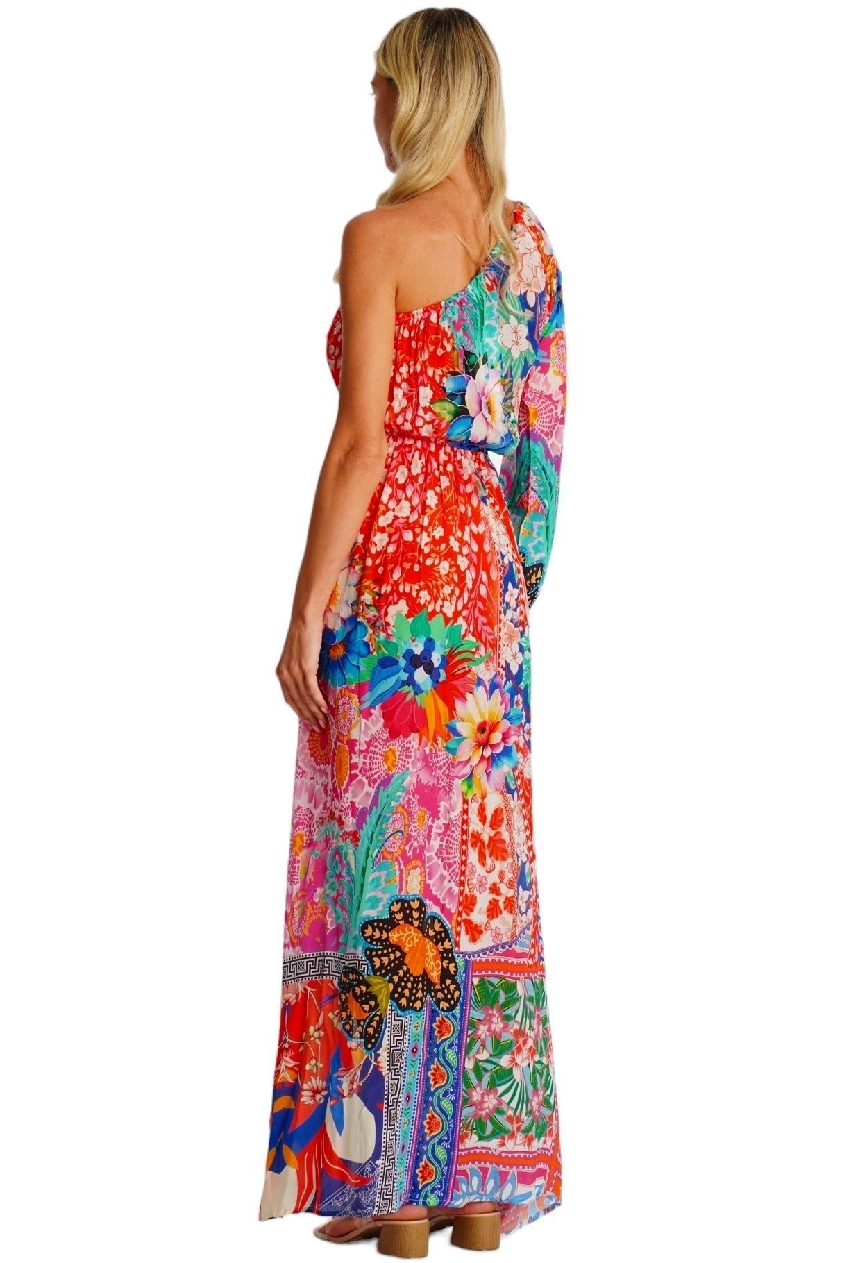 Red Tropical Floral One-Shoulder Maxi Dress - Designer Maxi Dress | Elegant Kaftan Cover Up Dress | Club Moda USA