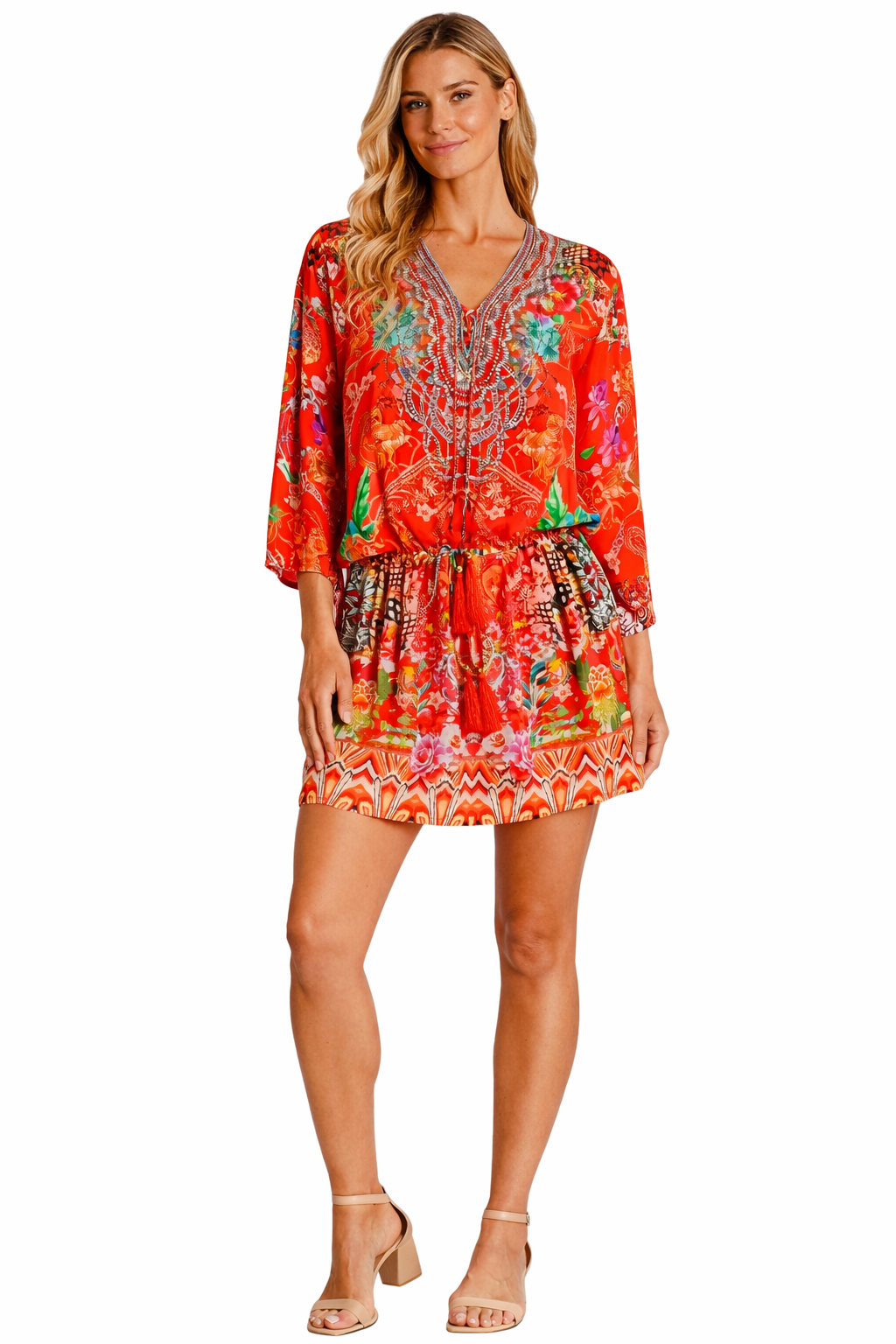 Red Tropical Print Mini Dress – Boho Bell Sleeve Resort Dress - Detail View | Club Moda USA