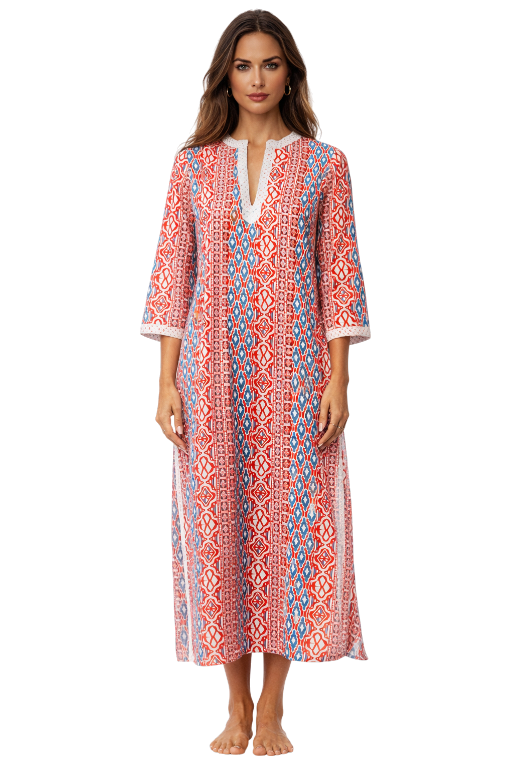 Red White Blue tribal ikat print maxi caftan — close-up of embellished neckline | Club Moda resort wear