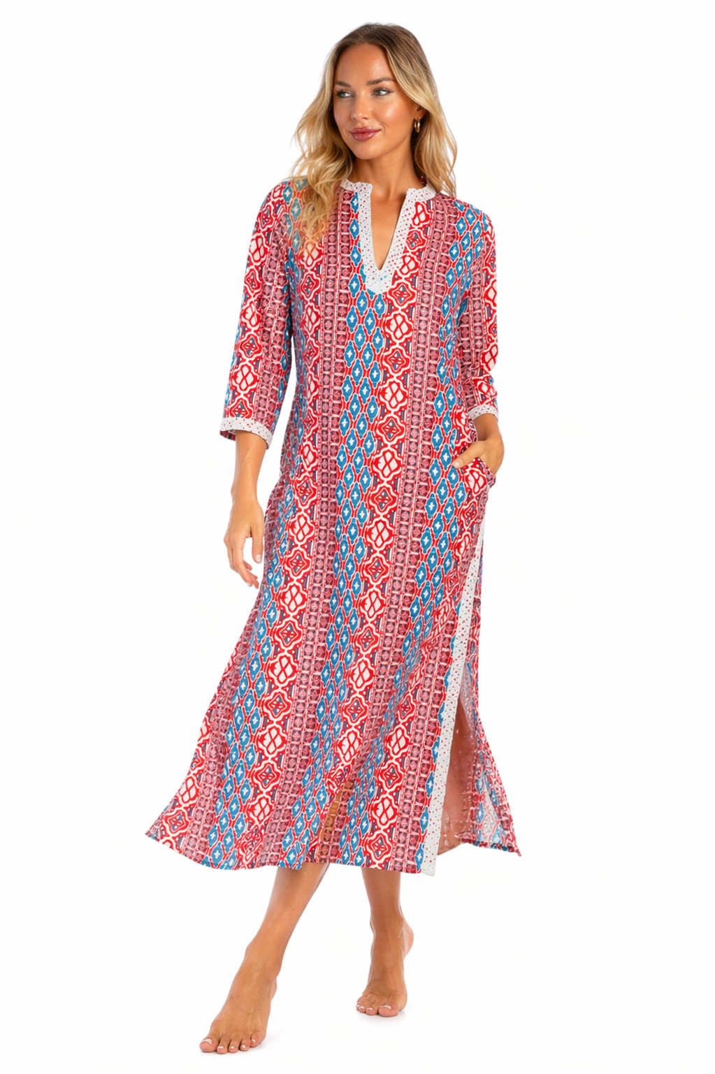 Red White Blue tribal ikat print maxi caftan — side detail | Shop boho resort dresses at Club Moda