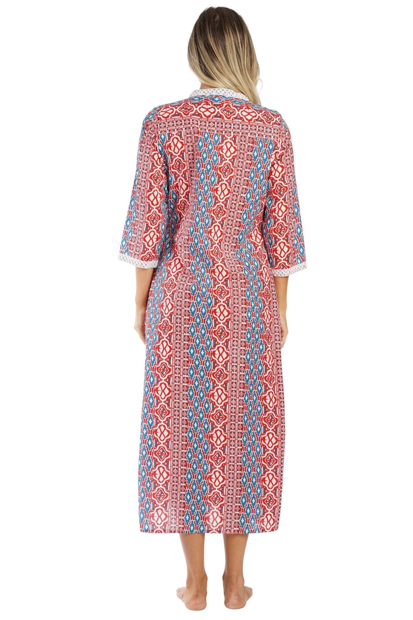 Red White & Blue Tribal Ikat Maxi Caftan — Bohemian Americana Resort Dress - Designer Caftan | Elegant Kaftan Cover Up Dress | Club Moda USA