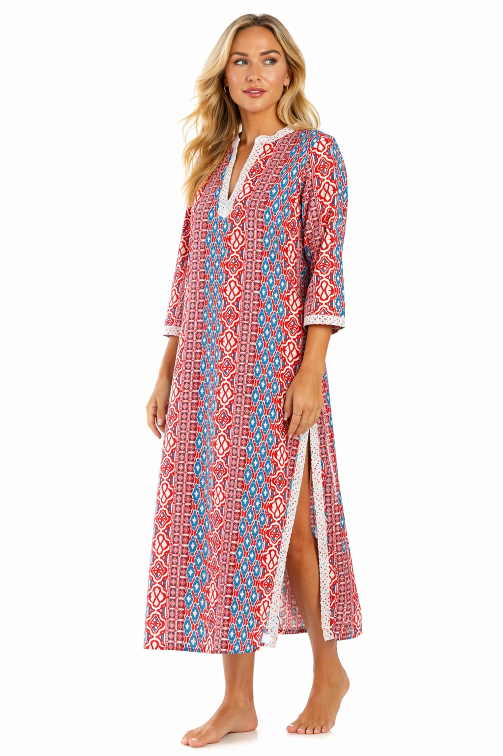 Red White Blue tribal ikat print maxi caftan — front view | Luxury resort wear from Club Moda