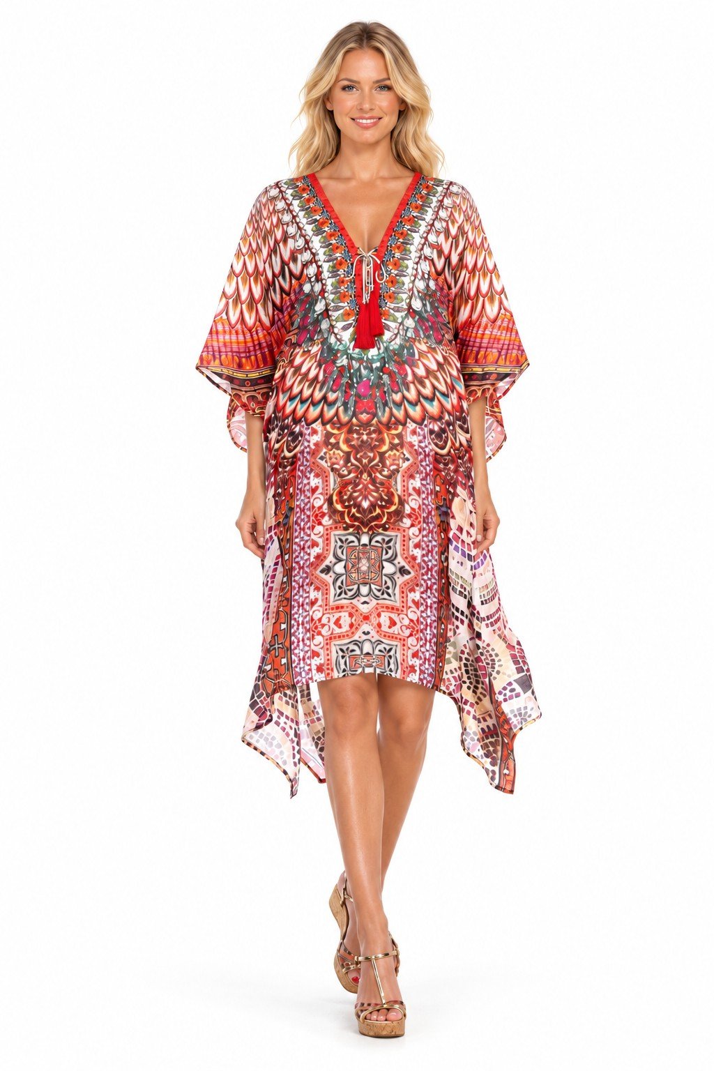 Club Moda Royal Jungle beach kaftan front view on white background - batwing sleeves and handkerchief hem, SKU 201014-RK-SILK