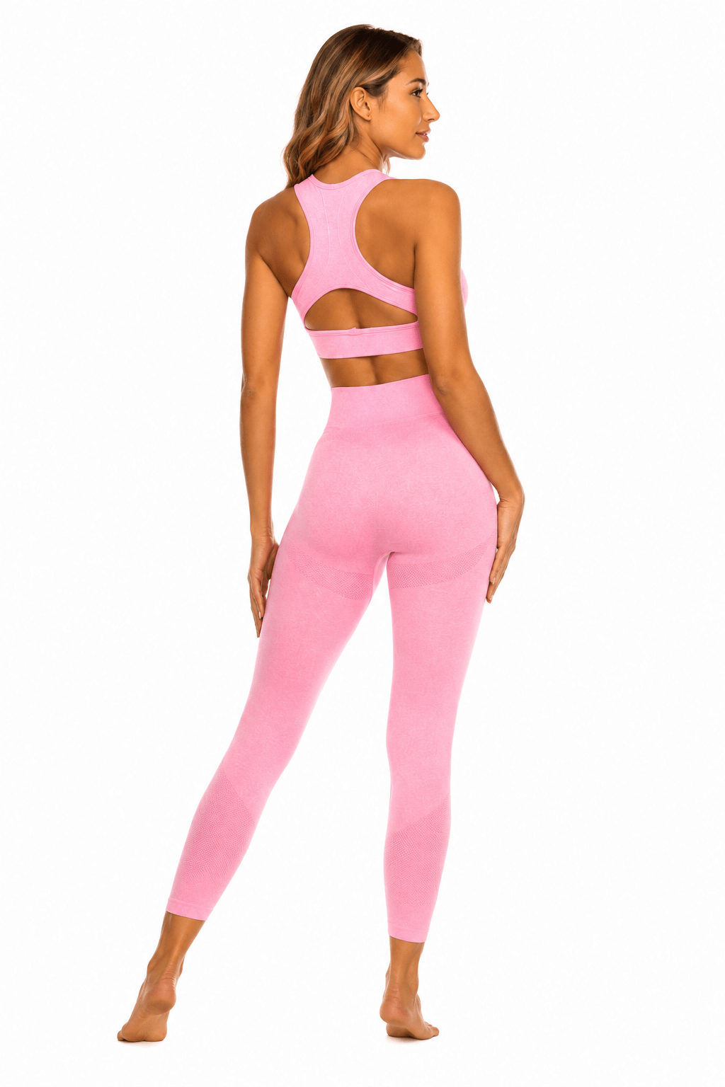 Seamless Pink Activewear Set – High Waist Leggings & Open-Back Sports Bra Workout Set for Women