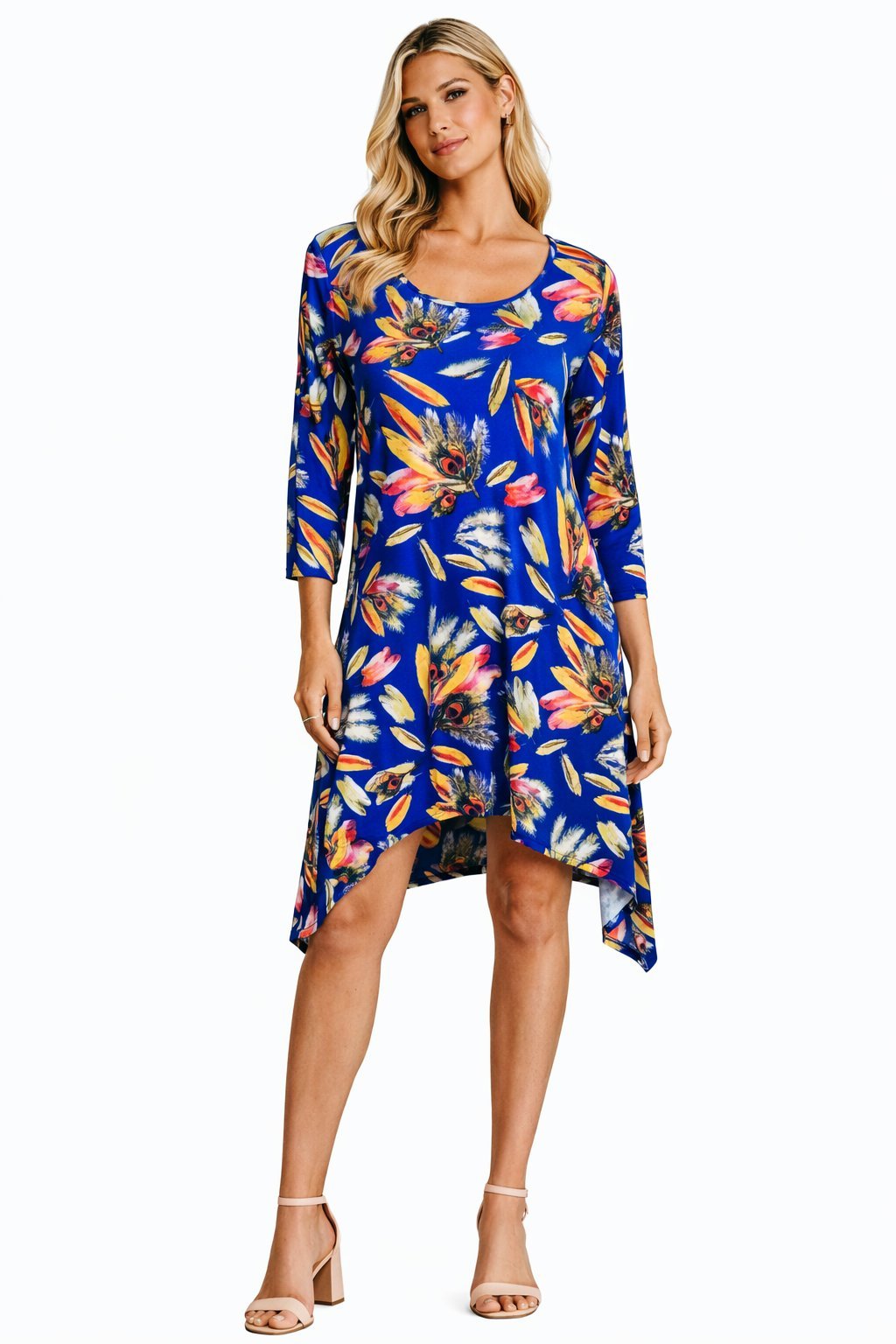 Tropical print dress cut for warm-weather beach and resort days, one more view