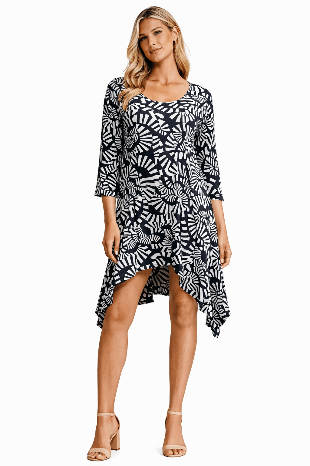 Shark-bite Asymmetrical Tropical Resort Knit Dress Club Moda Mini Dress - detail closeup